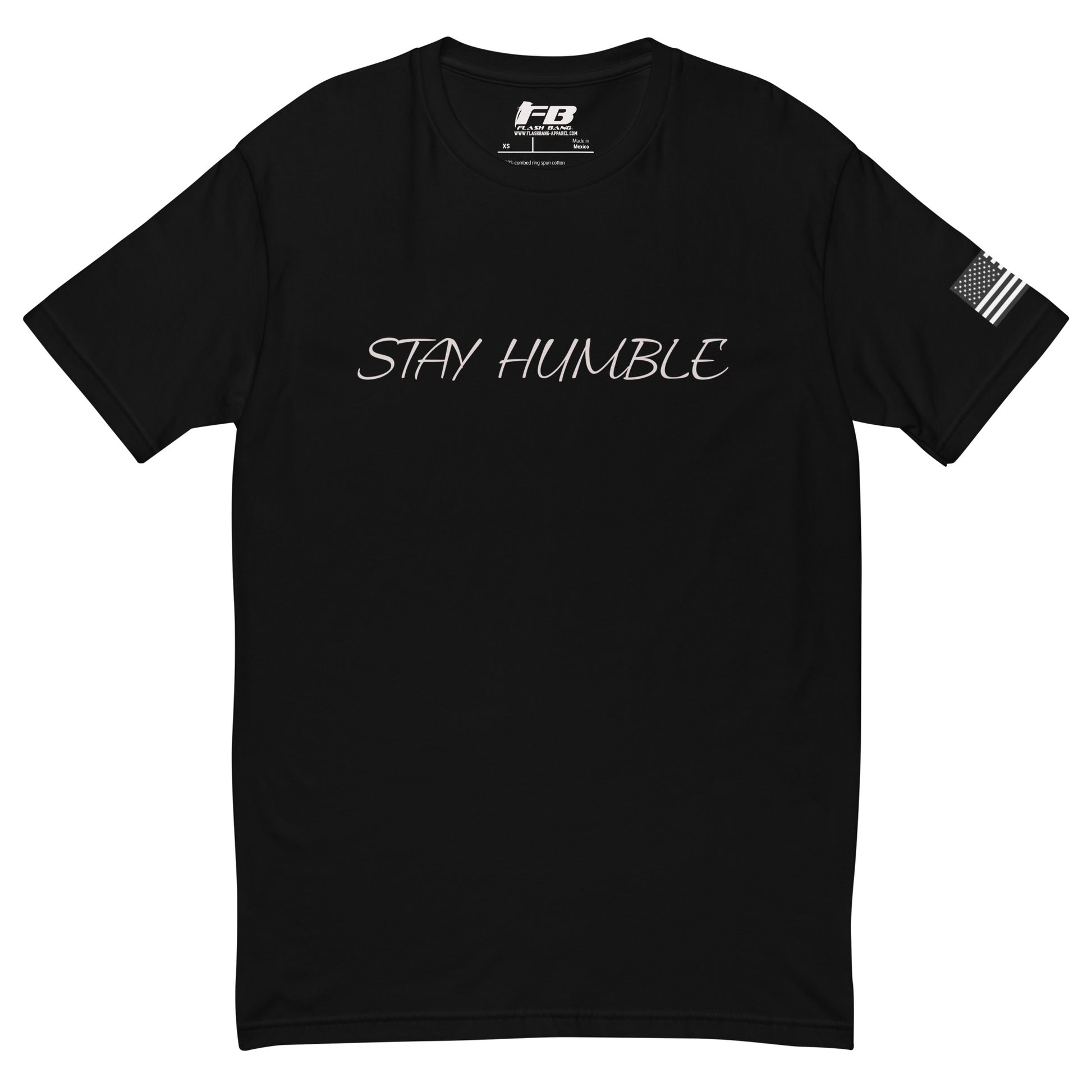 Stay Humble T-shirt with graphic design for men, featuring bold lettering - Front View - Black