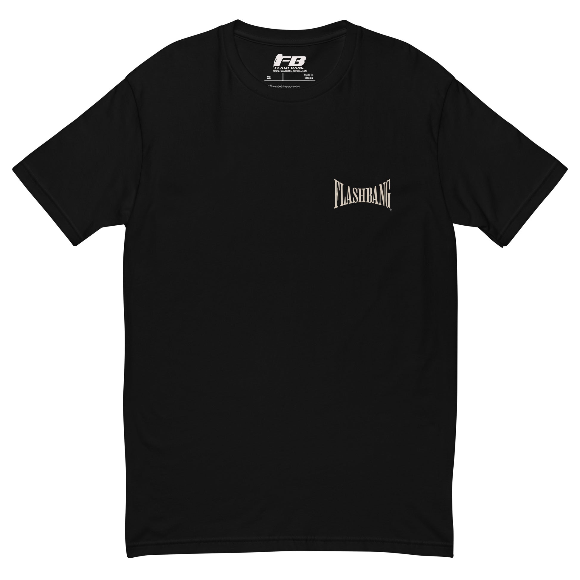 Shot Caller T-shirt featuring a skull design, honoring police and military veterans with durability and comfort.- Front View - Black with Flashbang Text