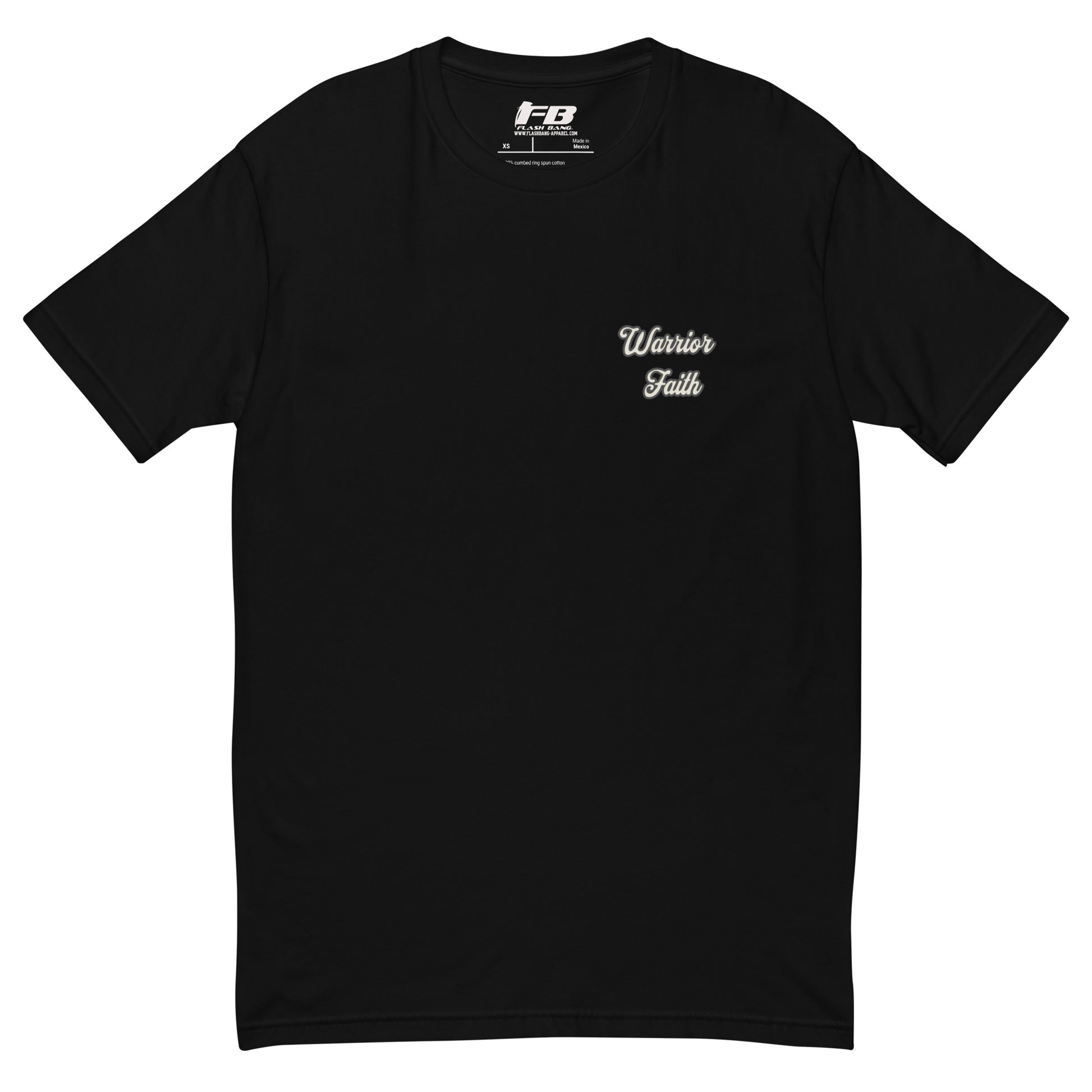 Warrior Faith T-shirt featuring a fighter graphic, symbolizing strength, resilience, and honor, perfect for veterans and those who serve - Front View - Black with Warrior Faith Text