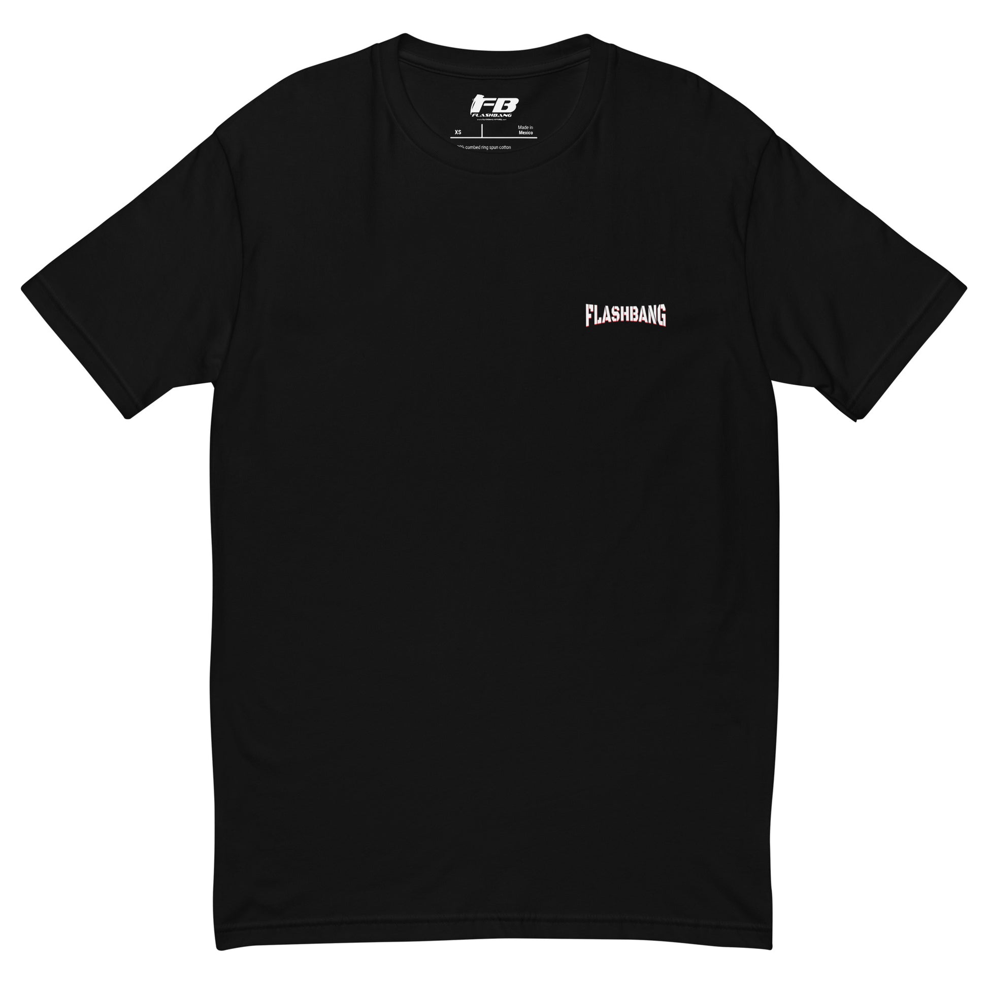 Black t-shirt with 'Flashbang' logo on a white background