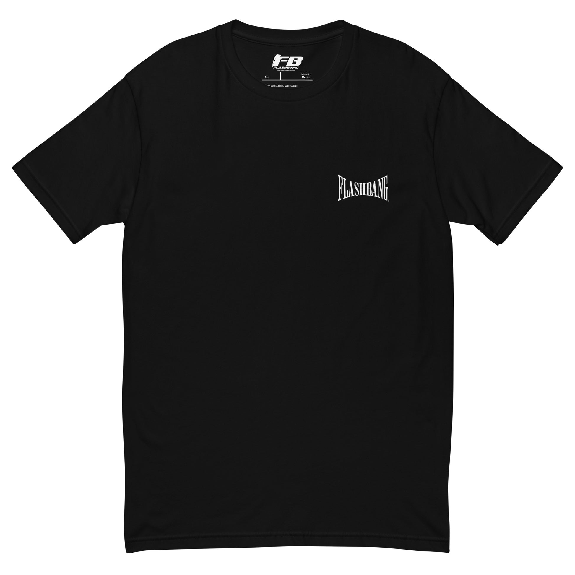 Black t-shirt with a white logo on a white background