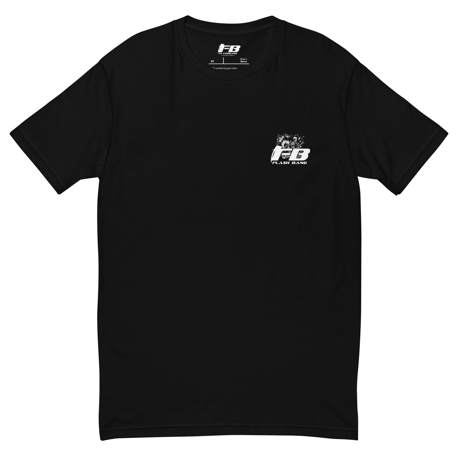 Black t-shirt with a logo on the chest against a white background