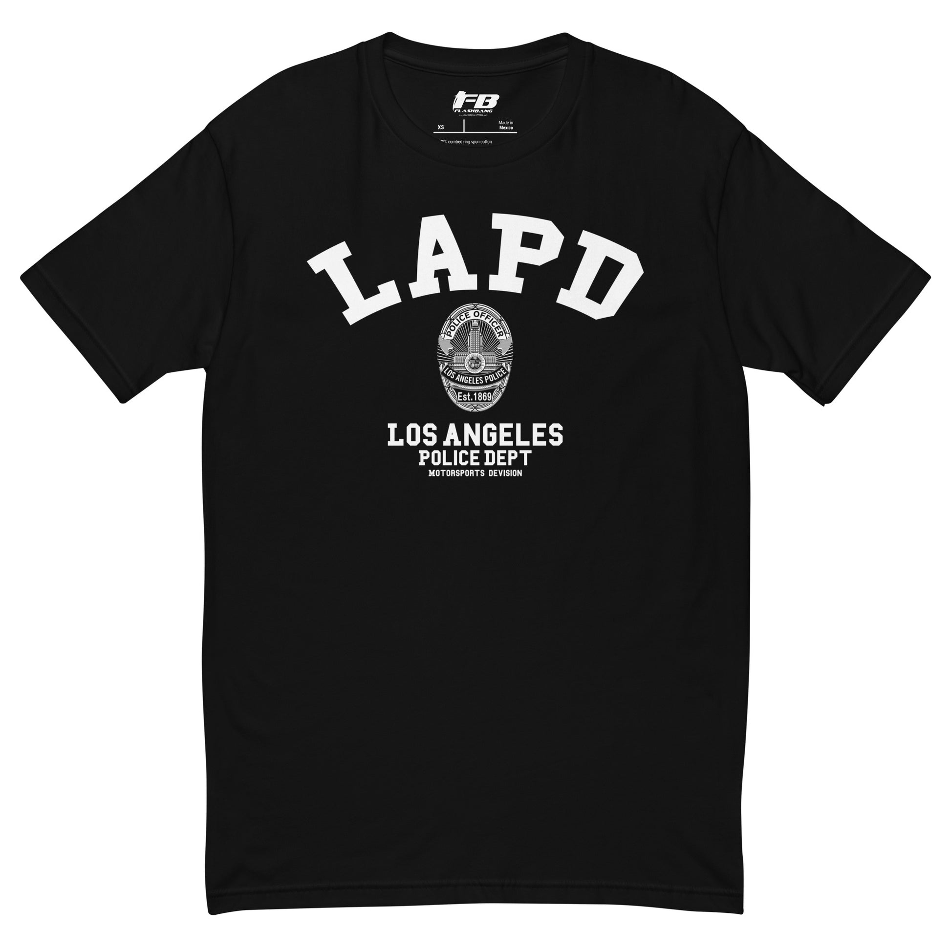 Black t-shirt with 'LAPD Los Angeles Police Dept' text and logo on a white background