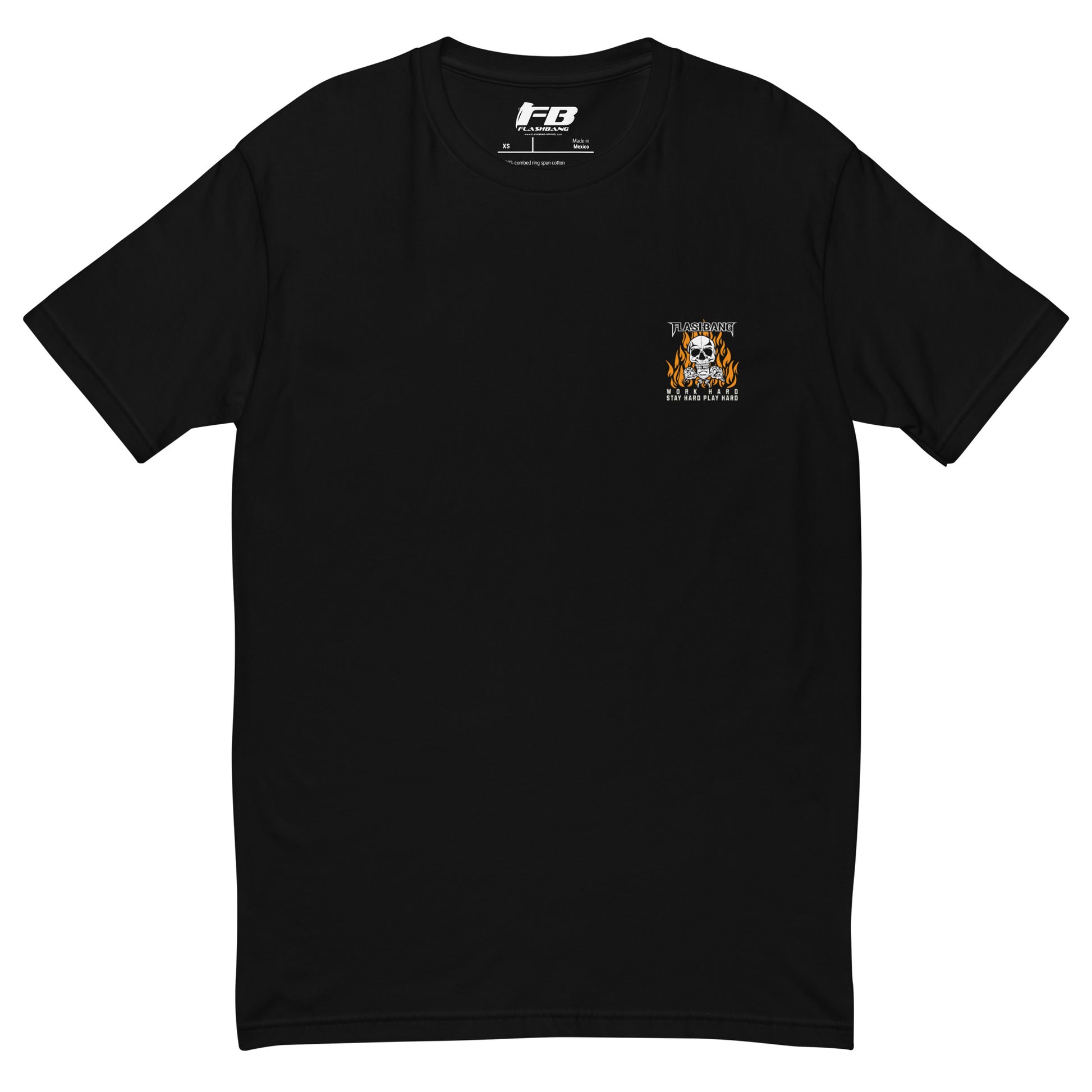 Black t-shirt with a small logo on the chest against a white background