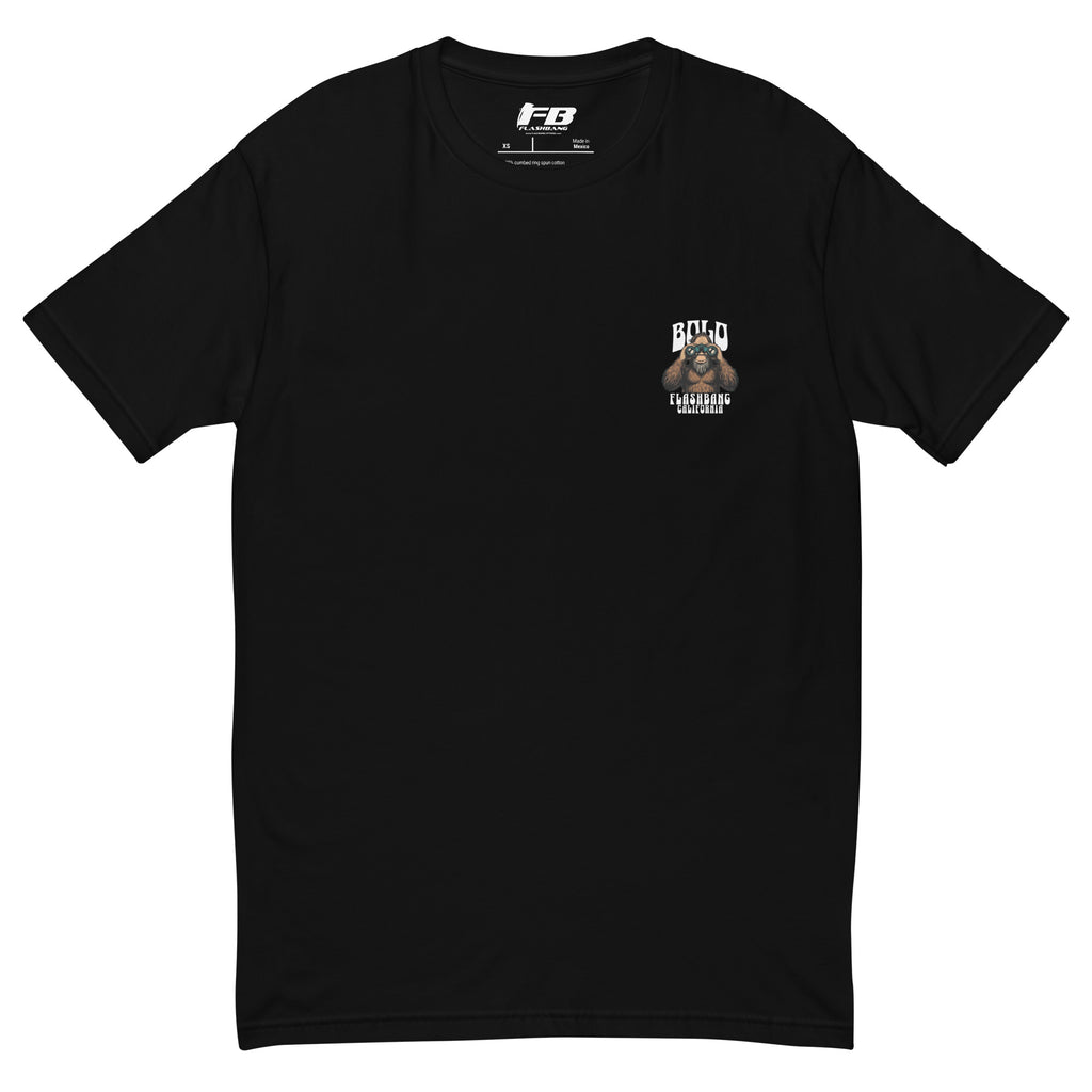 Black t-shirt with a logo on the chest against a white background