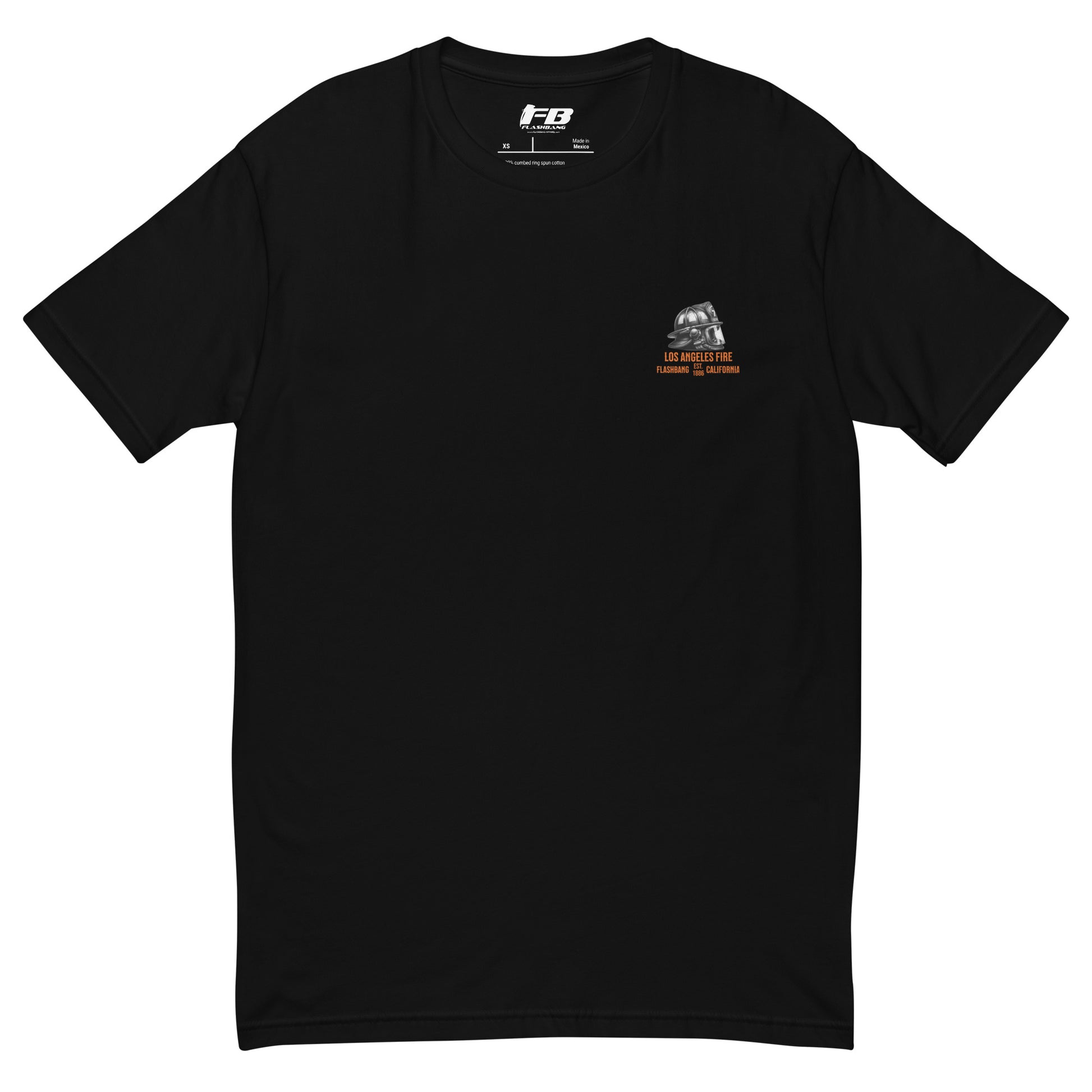 Black t-shirt with a logo on the chest against a white background