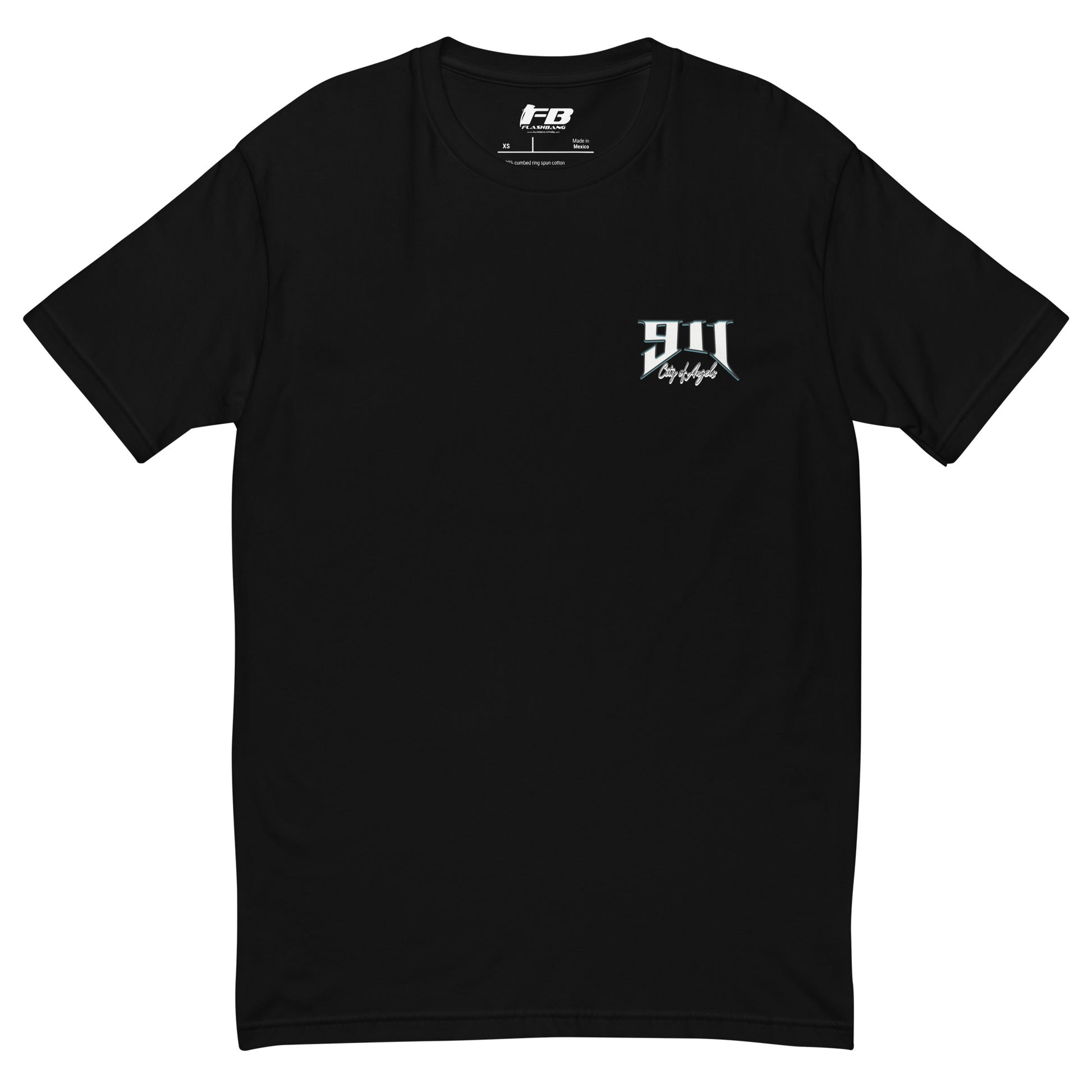 Black t-shirt with a logo on the chest against a white background