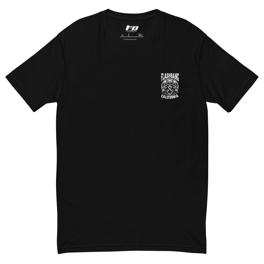 Black t-shirt with a small white graphic on the chest against a white background