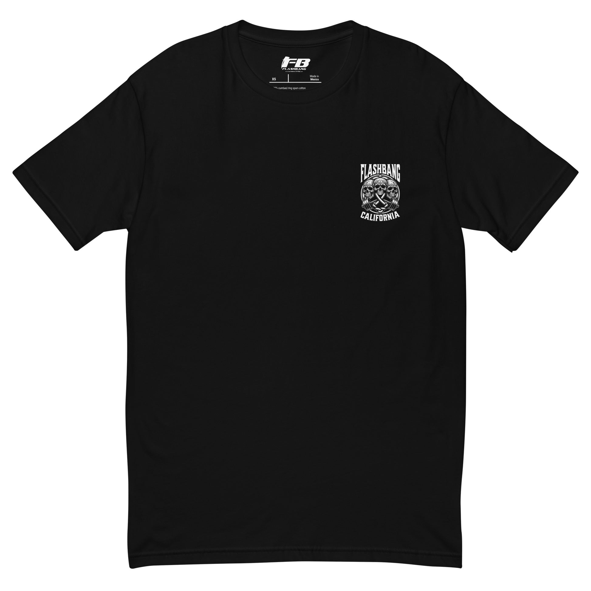 Black t-shirt with a small white graphic on the chest against a white background