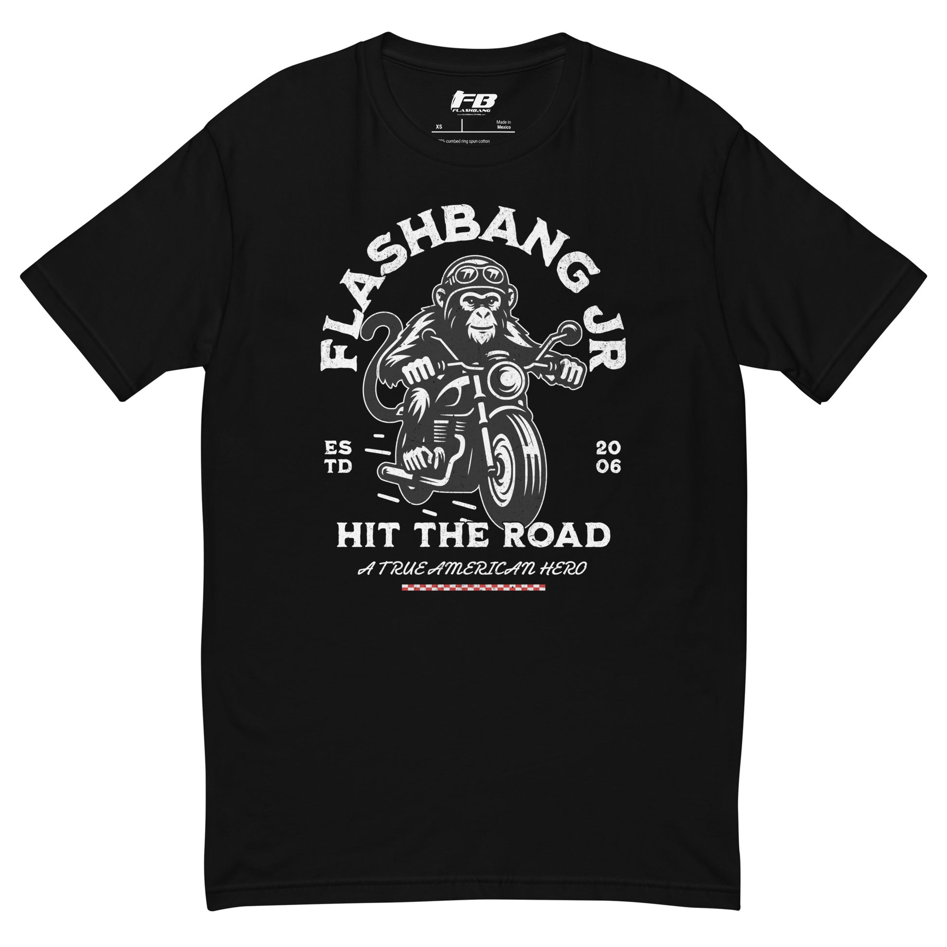 Black t-shirt with a graphic design of a monkey on a motorcycle and text 'Flashbang Jr. Hit the Road' on a white background.