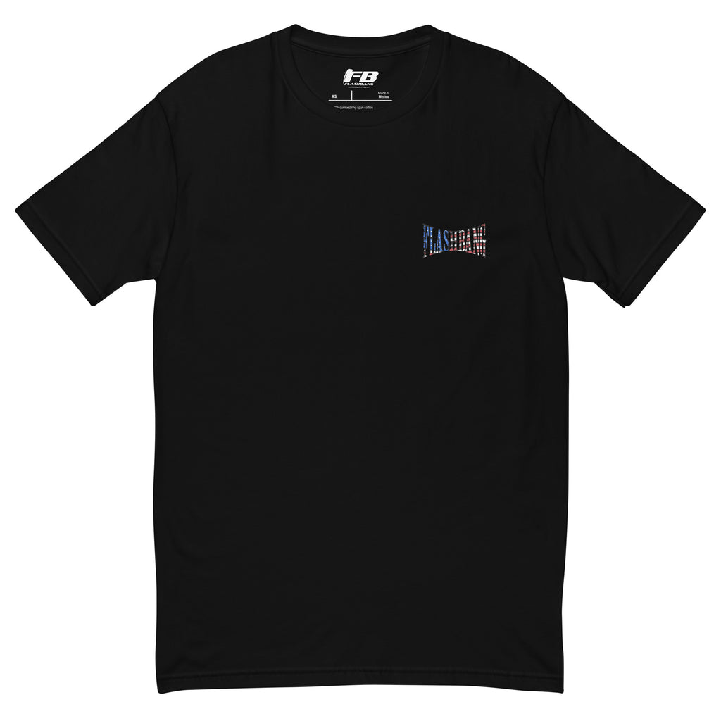 Black t-shirt with a small logo on the chest against a white background