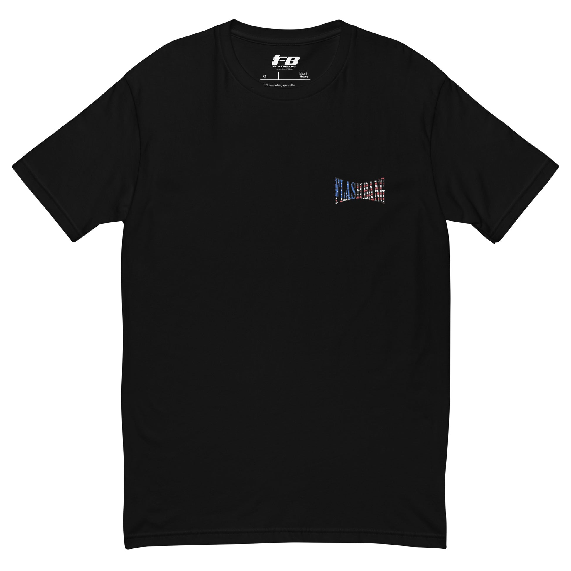 Black t-shirt with a small logo on the chest against a white background