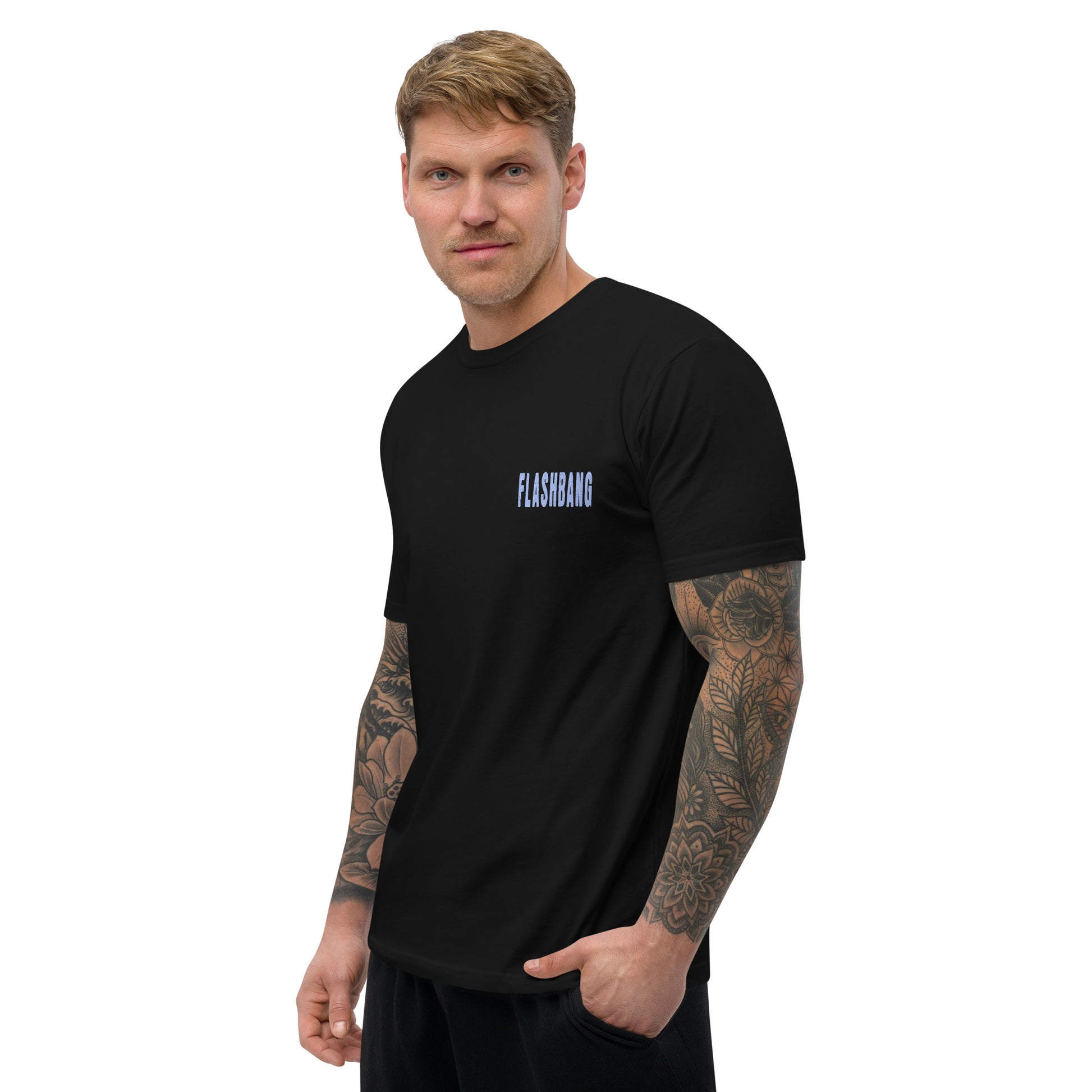 Beast Mode T-shirt with a gorilla graphic, designed as a fitness motivation shirt for gym-goers and muscle tee lovers - Front View - Black with Flashbang Text - Model Guy