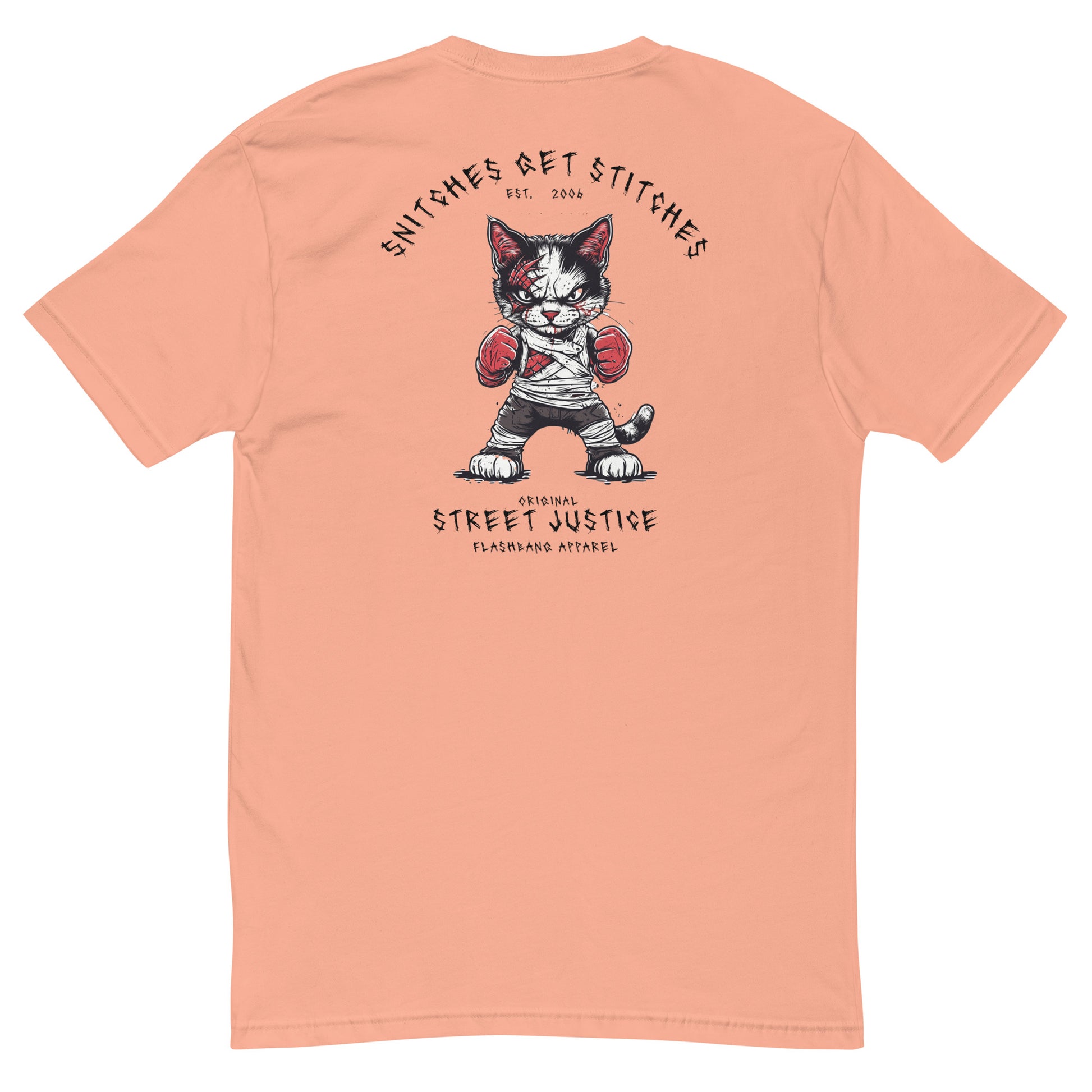 Snitches Get Stitches T-shirt featuring a street justice cat design, ideal for fans of cool cat t-shirts, boxing tees, and street cat shirts - Back View- Desert Pink 