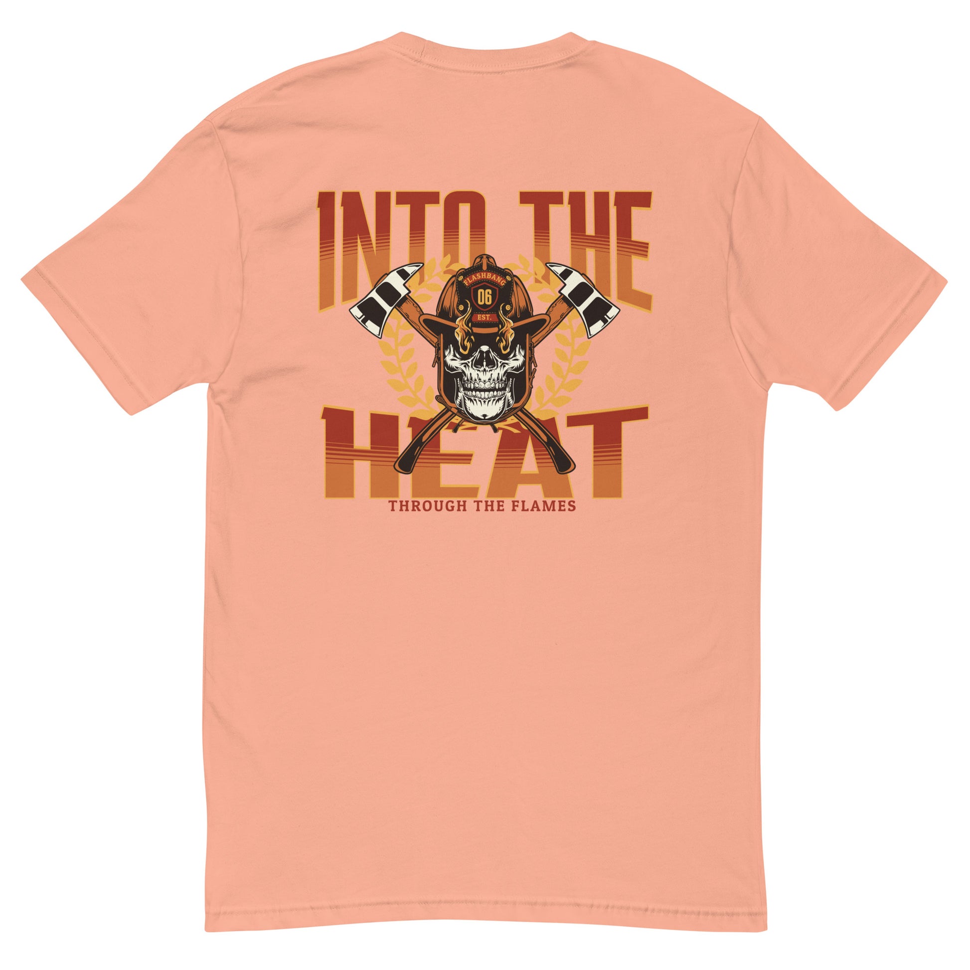 Into The Heat T-shirt with firefighter skull graphic, perfect for brave men who love firefighter apparel - Back View - Desert Pink
