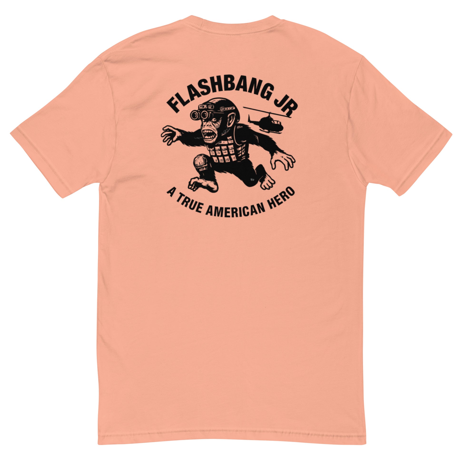 A True American Hero Lite T-shirt with a military monkey graphic, showcasing American heroism and pride in a lightweight, rugged design - Back  View - Desert Pink