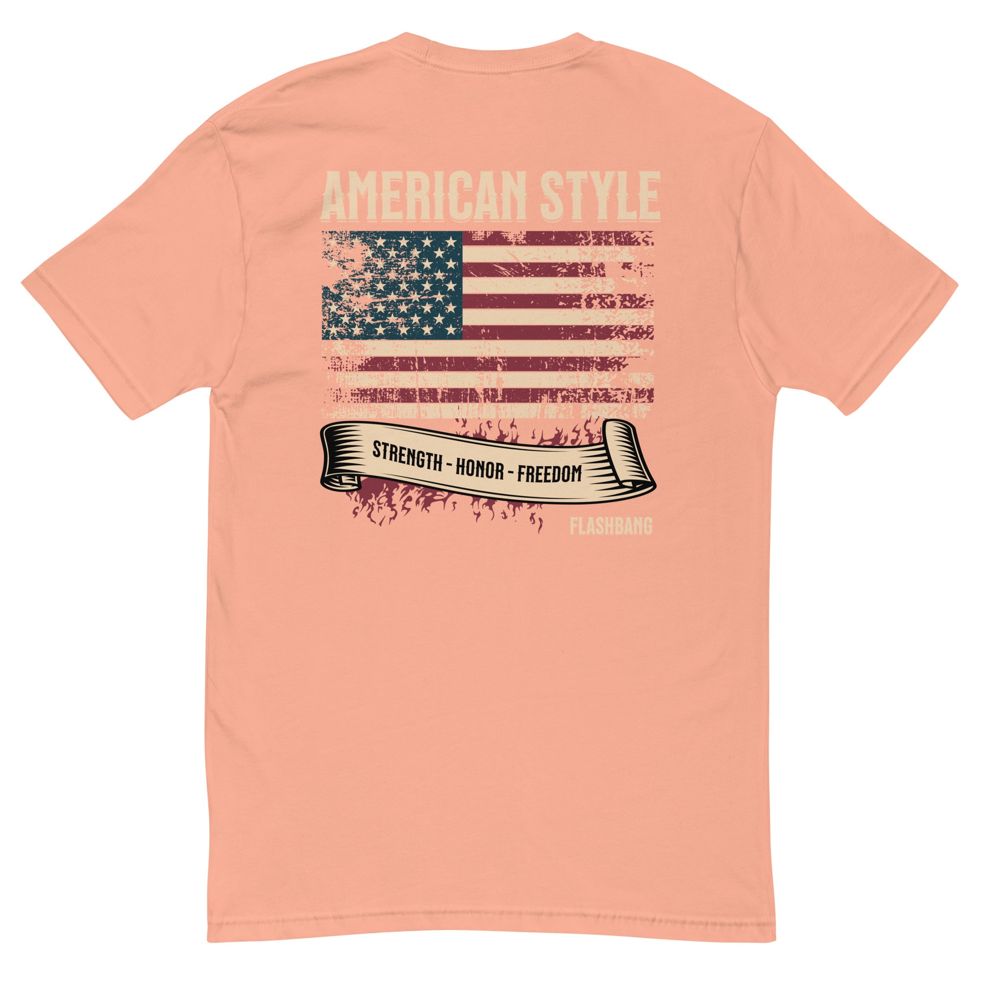 American Style T-shirt featuring USA flag and Strength Honor Freedom message, designed for veterans and patriots - Back View - Desert Pink