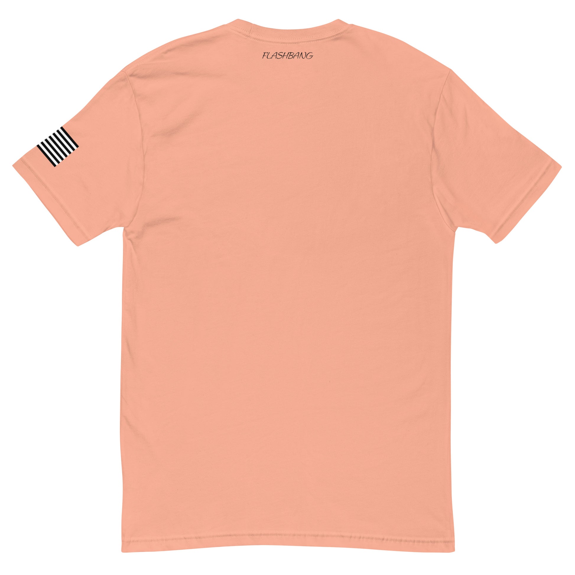 Stay Humble T-shirt with black writing with american flag on sleeve - Back View - Desert Pink