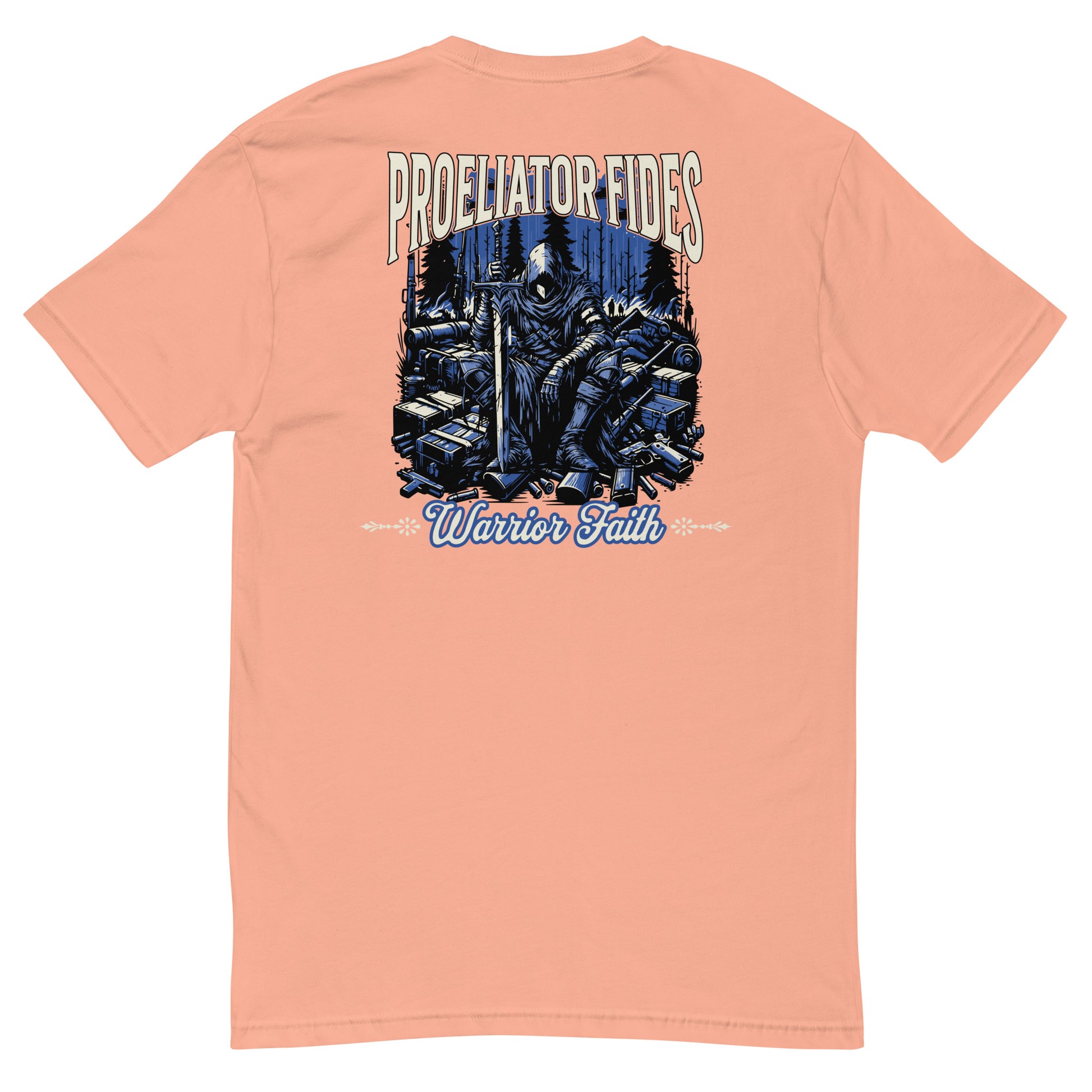 Warrior Faith T-shirt featuring a fighter graphic, symbolizing strength, resilience, and honor, perfect for veterans and those who serve - Back View - Desert Pink
