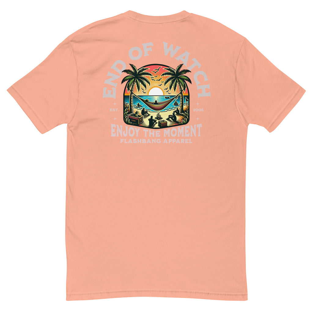 End of Watch T-shirt with palm tree design and summer beach vibes - Back View - Desert Pink