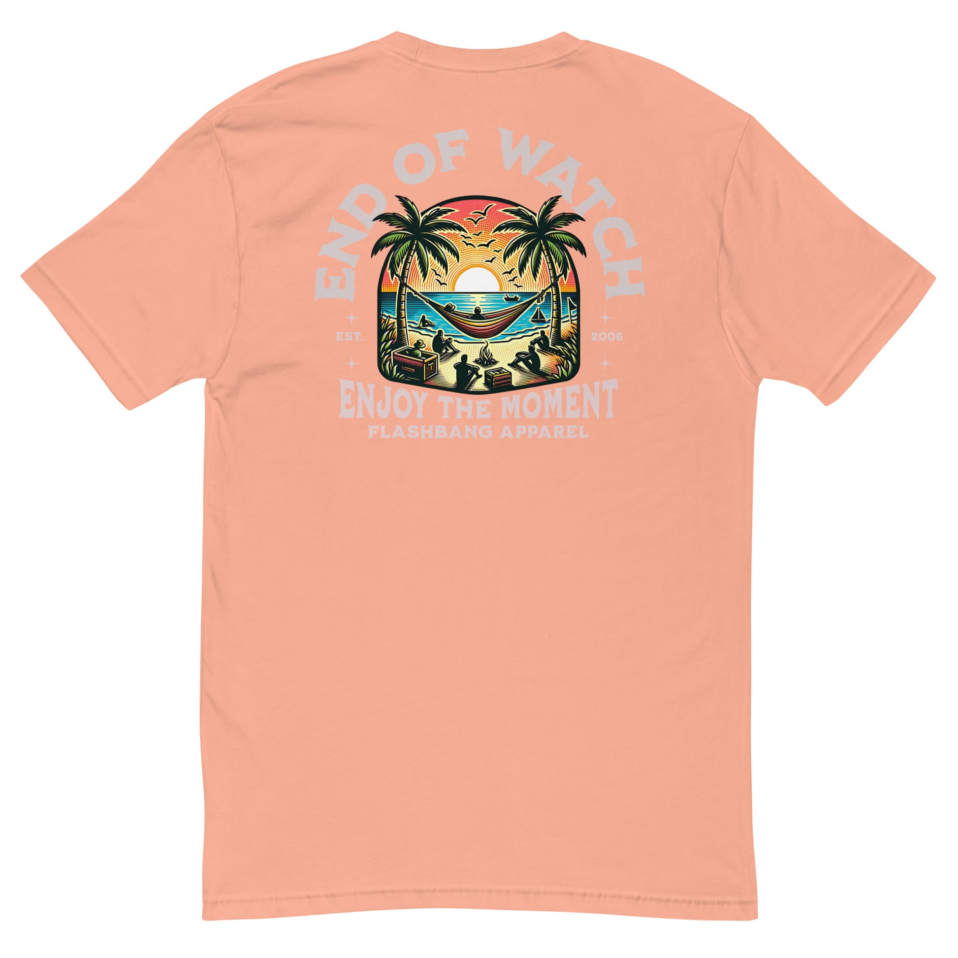End of Watch T-shirt with palm tree design and summer beach vibes - Back View - Desert Pink