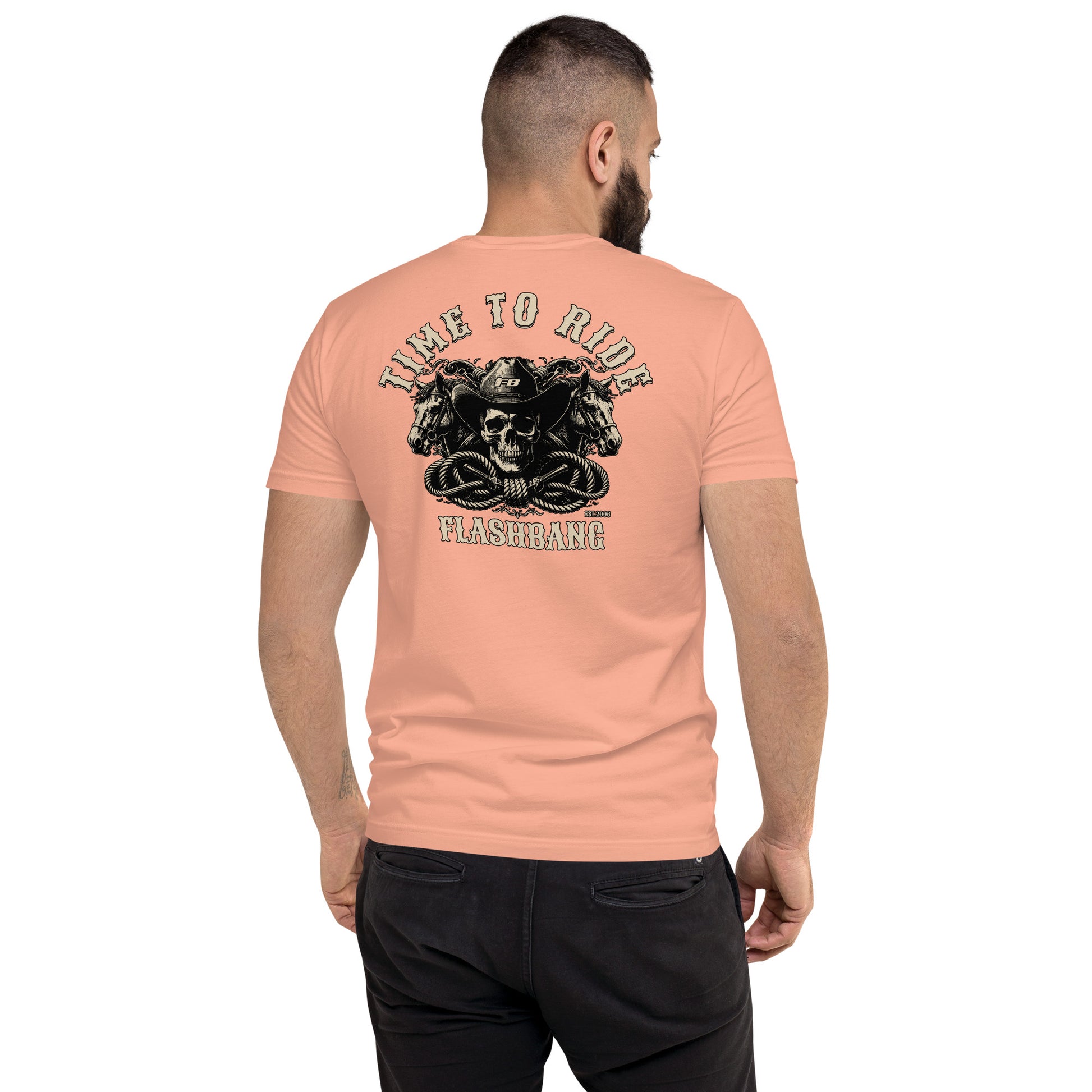 Time To Ride Lite T-shirt featuring a western cowboy skull design with horses and rope, rugged graphic for riders and patriots - Back View - Desert Pink - Model Guy