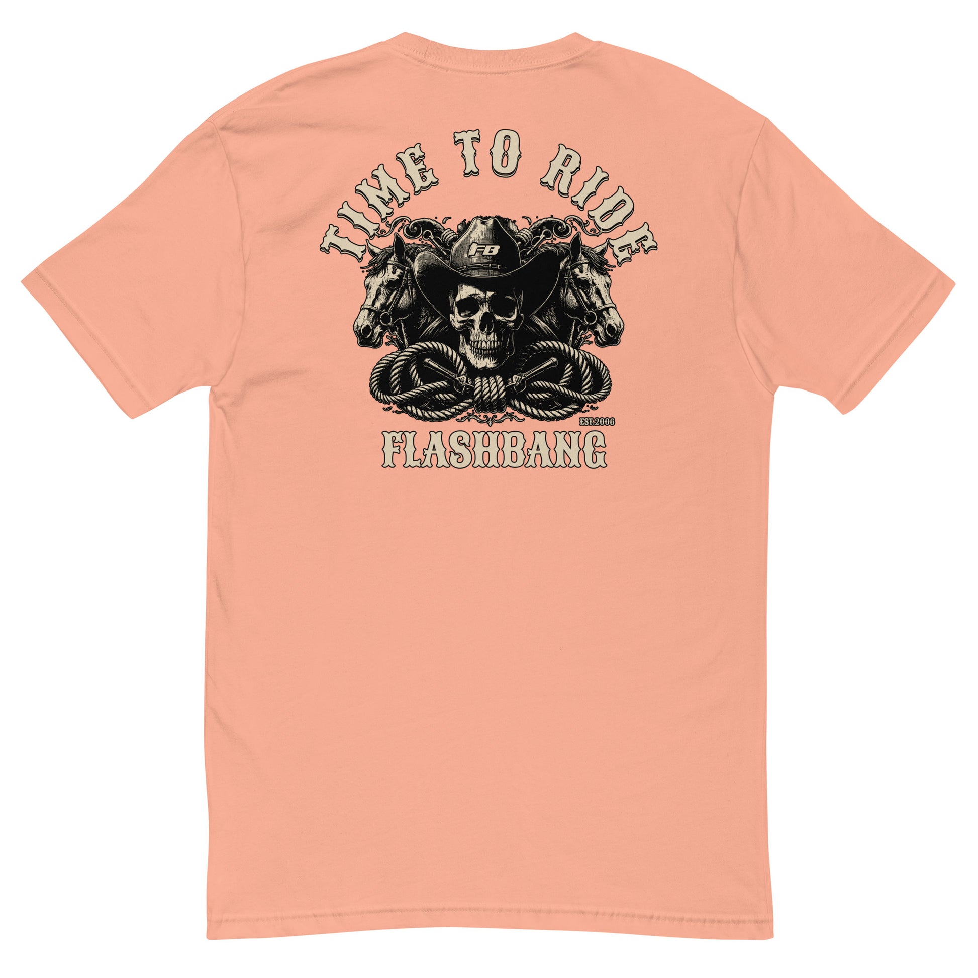 Time To Ride Lite T-shirt featuring a western cowboy skull design with horses and rope, rugged graphic for riders and patriots - Back View - Desert Pink