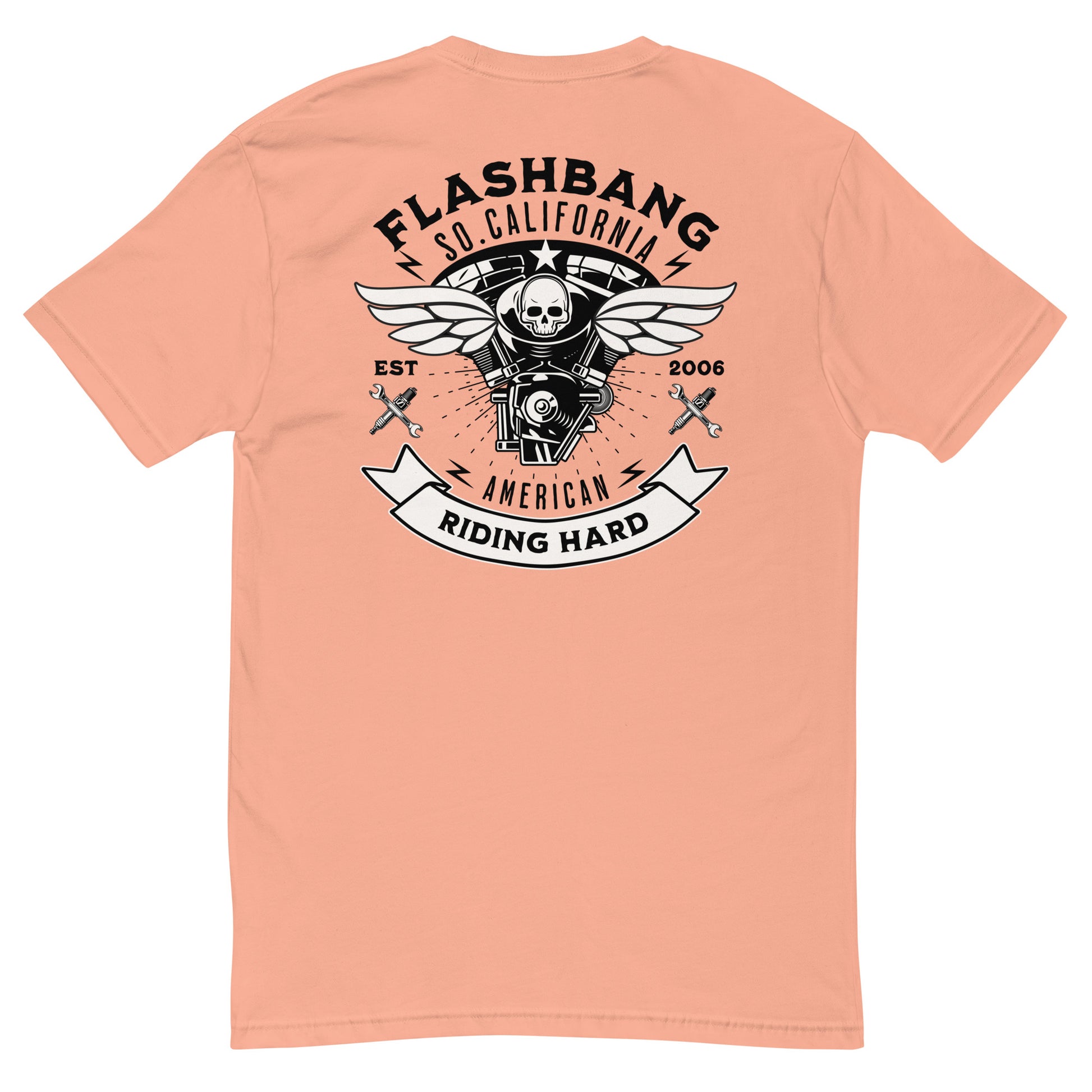 Riding Hard Lite T-Shirt featuring wing skull design, durable biker motorcycle t shirt and riding shirt for riders - Back View - Desert Pink