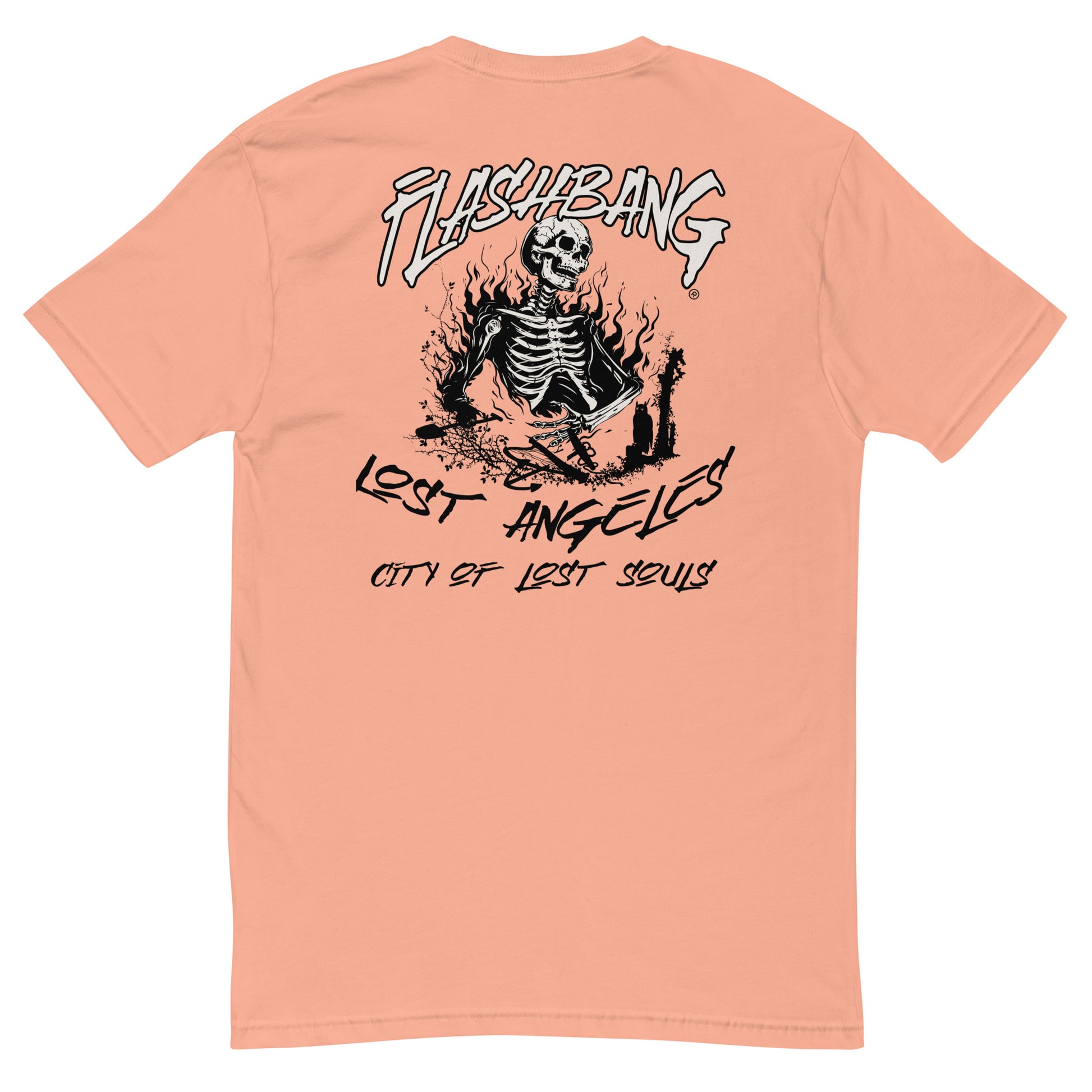 LA Lost Souls Lite T-shirt featuring skeleton designs, Los Angeles Text - Back View - Desert Pink
