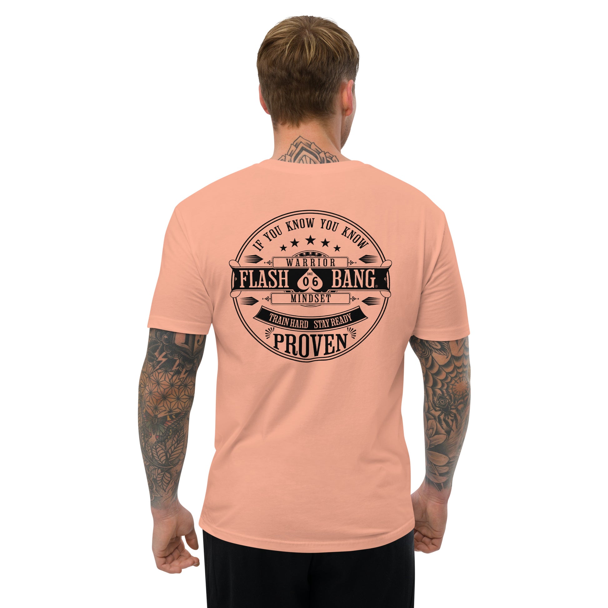 Train Hard Stay Ready Lite T-shirt featuring motivational shirt graphic design with train hard quotes - Back View- Desert Grey- Model Guy