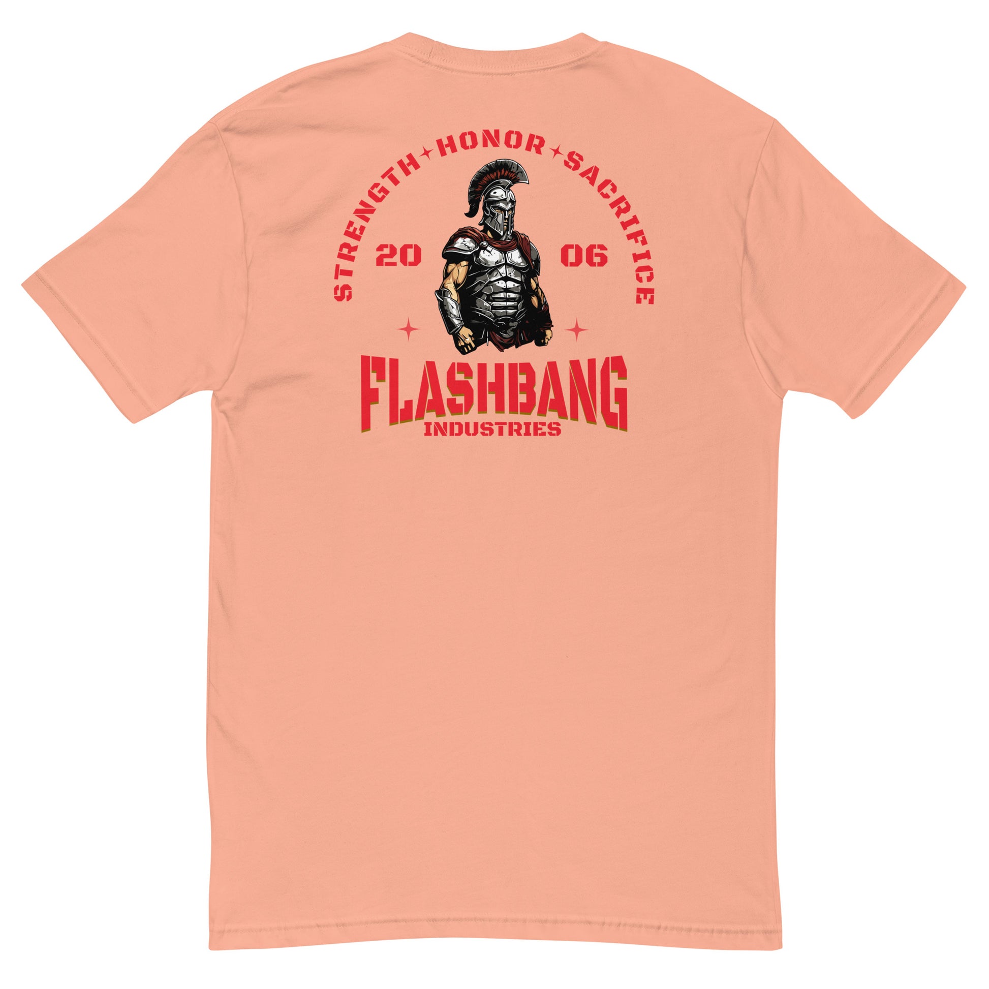 Peach t-shirt with graphic design and text on the back