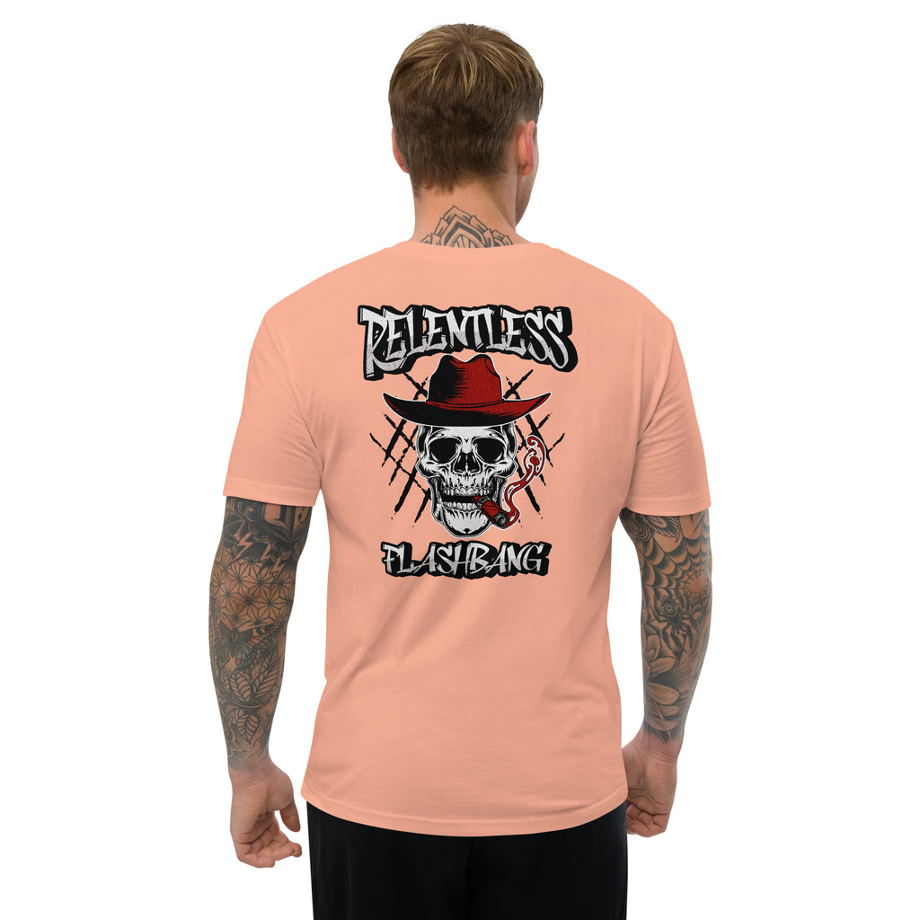 Relentless Lite T-shirt with skull graphic, men's skull tee designed for strength and pride - Back View - Desert Pink - Model Guy