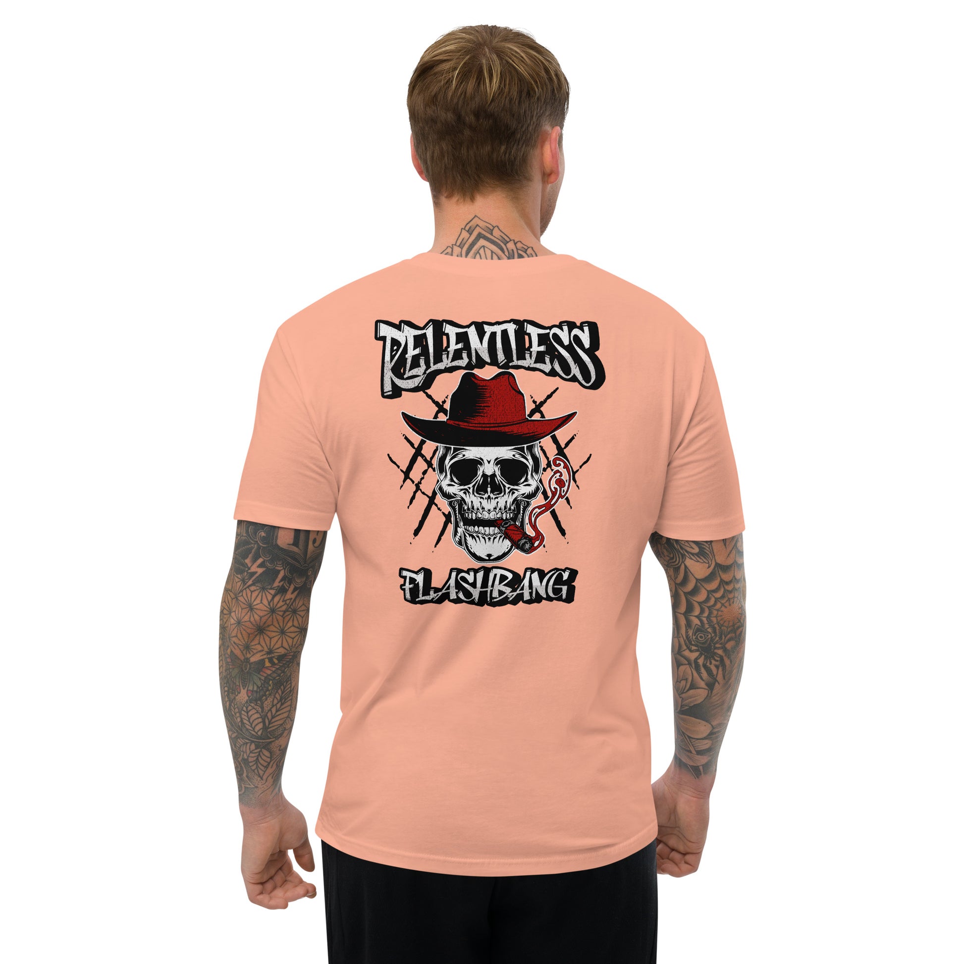 Relentless Lite T-shirt with skull graphic, men's skull tee designed for strength and pride - Back View - Desert Pink - Model Guy
