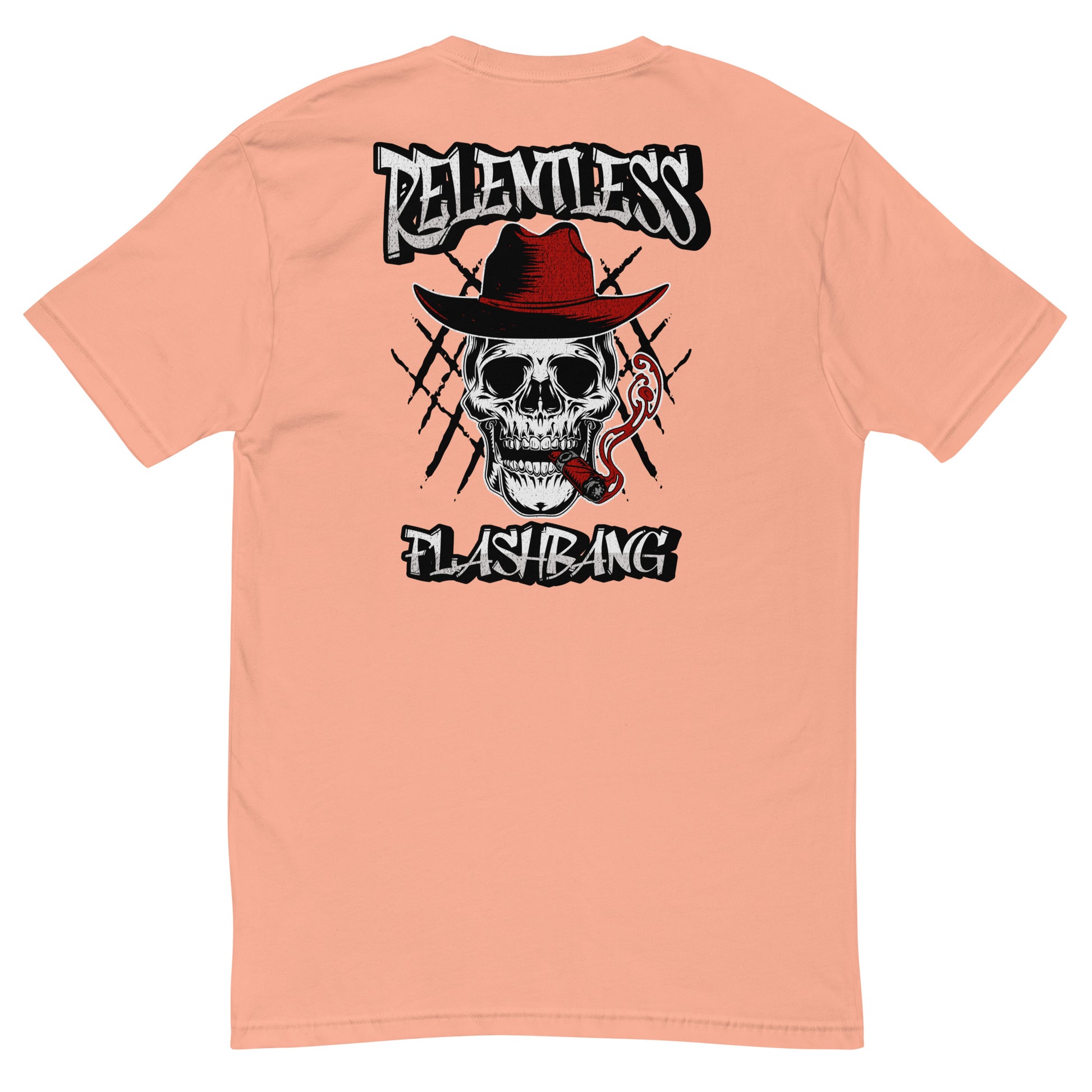 Relentless Lite T-shirt with skull graphic, men's skull tee designed for strength and pride - Back View - Desert Pink