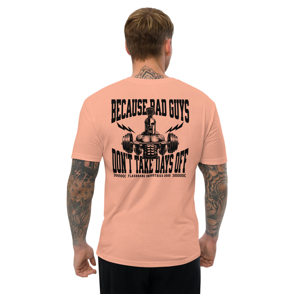 Bad Guys Lite T-shirt with workout motivation design, A tribute to strength and perseverance - Back View - Desert Pink - Model Guy