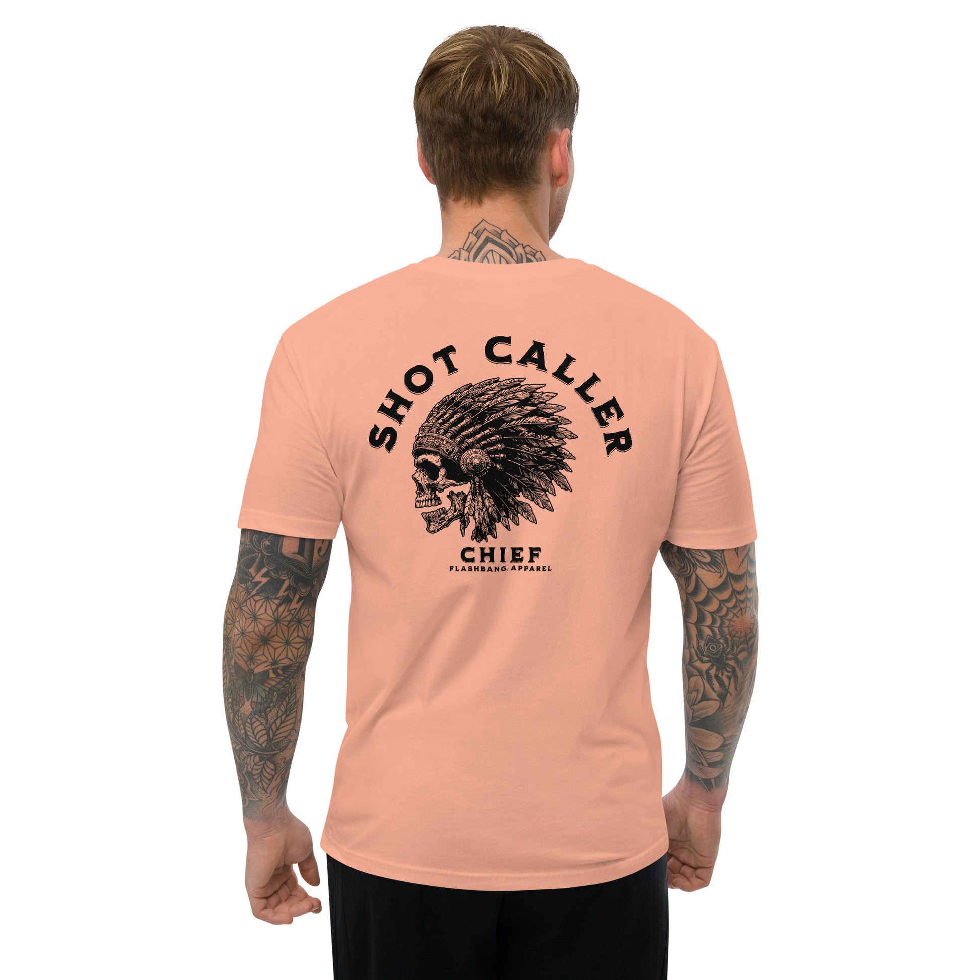 Shot Caller Lite T-shirt with warrior skull design, tribal chiefs tee shirt, and ultimate warrior graphic for bold streetwear style - Back View - Desert Pink - Model Guy