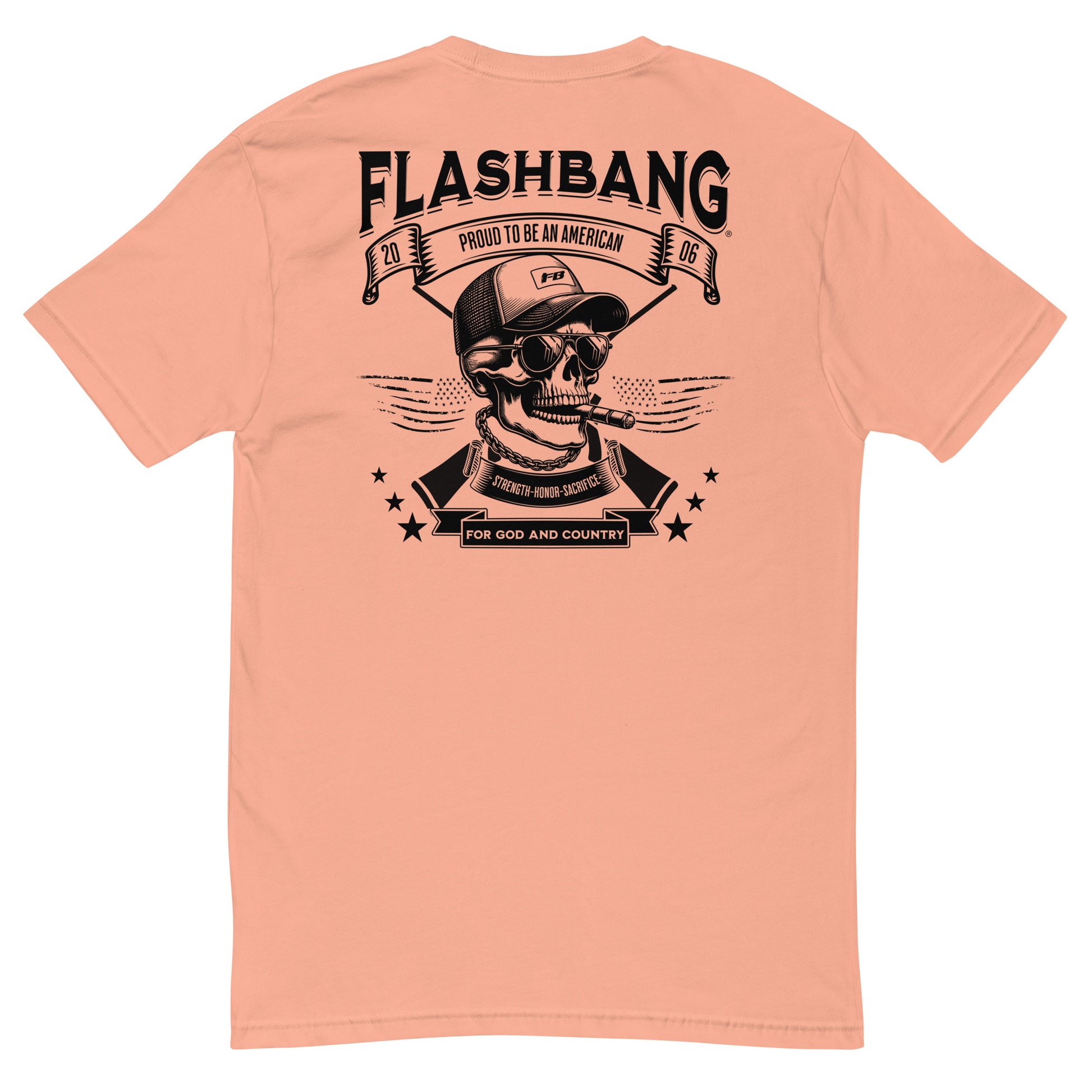 Proud American Lite T-shirt featuring skull graphic design, patriotic message for strength and honor - Back View - Desert Pink