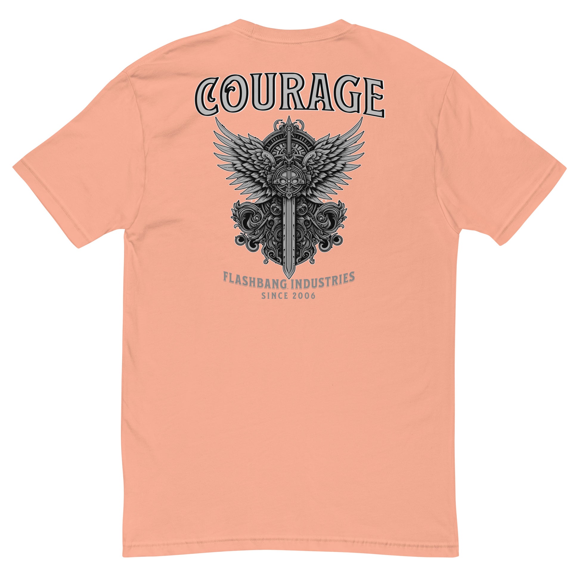 Courage T-shirt with sword and wings graphic, honoring brave soldiers - Back View - Desert Pink