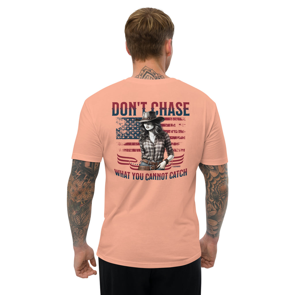 Don't Chase Lite T-shirt, cowgirl and Western shirt for men, perfect for rodeo and Western style enthusiasts - Back View - Desert Pink - Model Guy