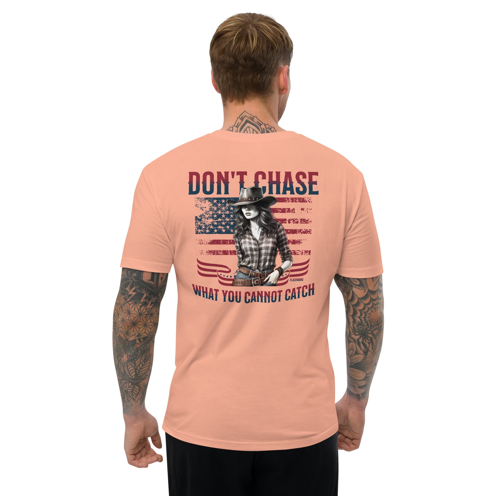 Don't Chase Lite T-shirt, cowgirl and Western shirt for men, perfect for rodeo and Western style enthusiasts - Back View - Desert Pink - Model Guy