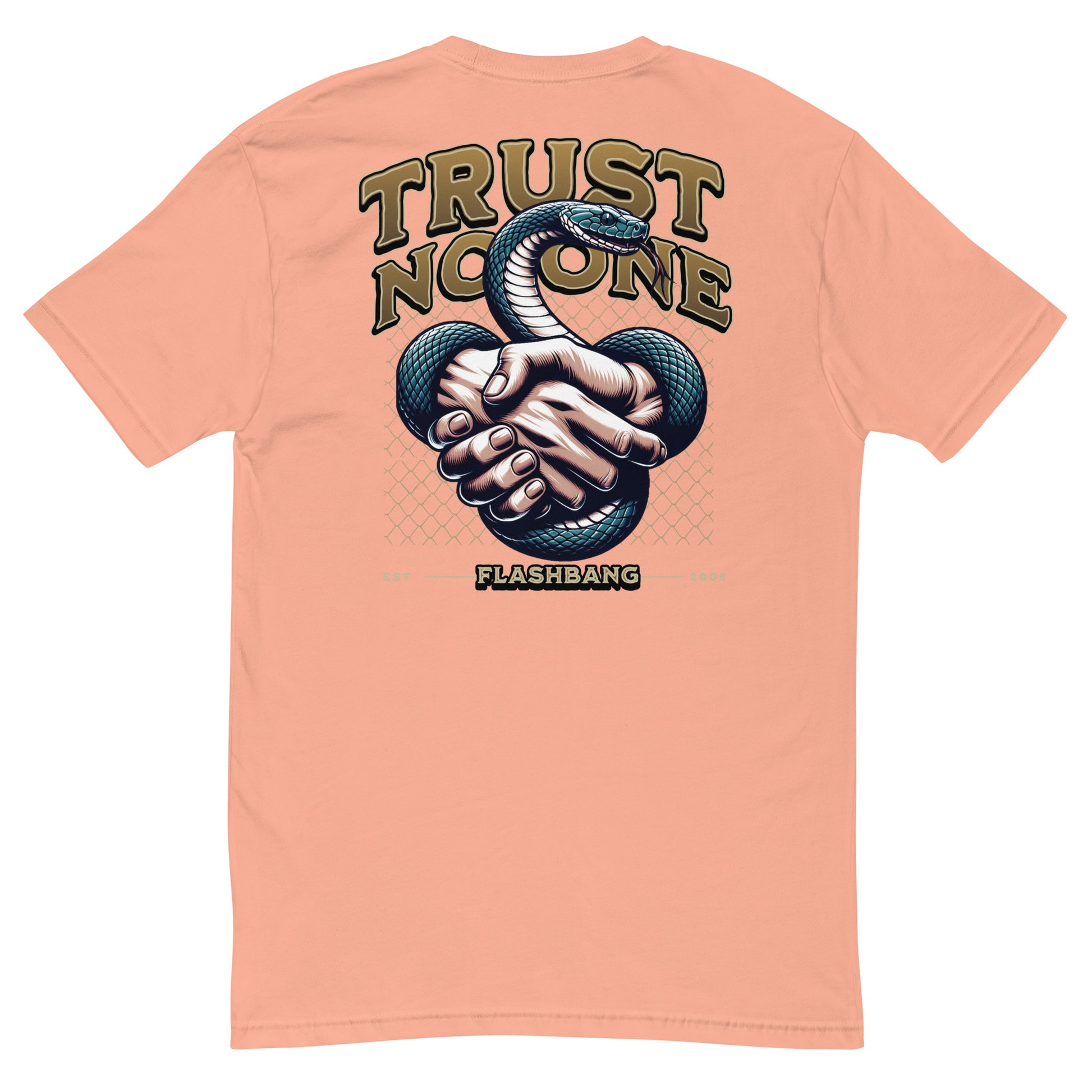 Trust No One T-shirt with bold graphic design featuring a snake and handshake - Back View - Desert Pink
