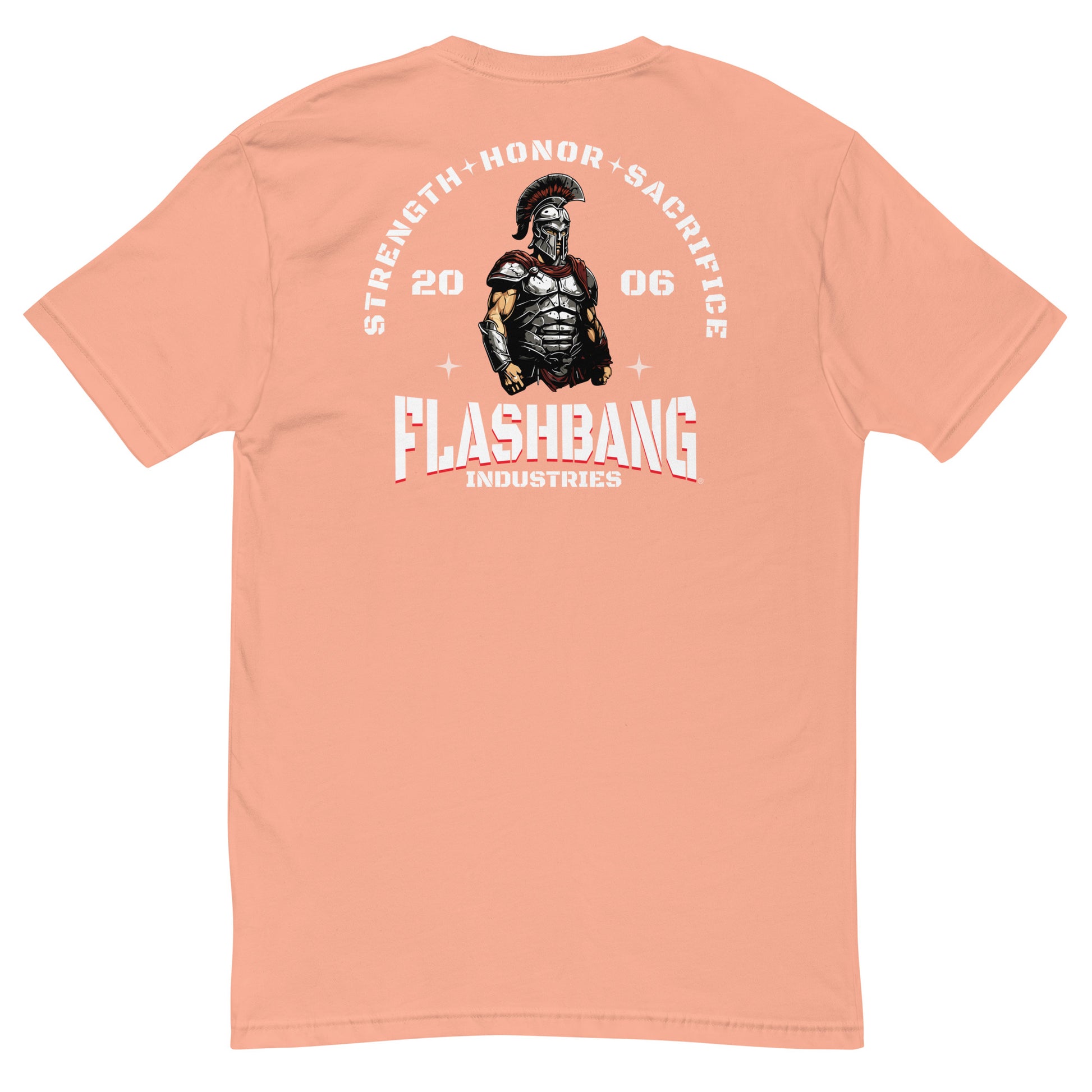 Peach t-shirt with graphic design and text on the back