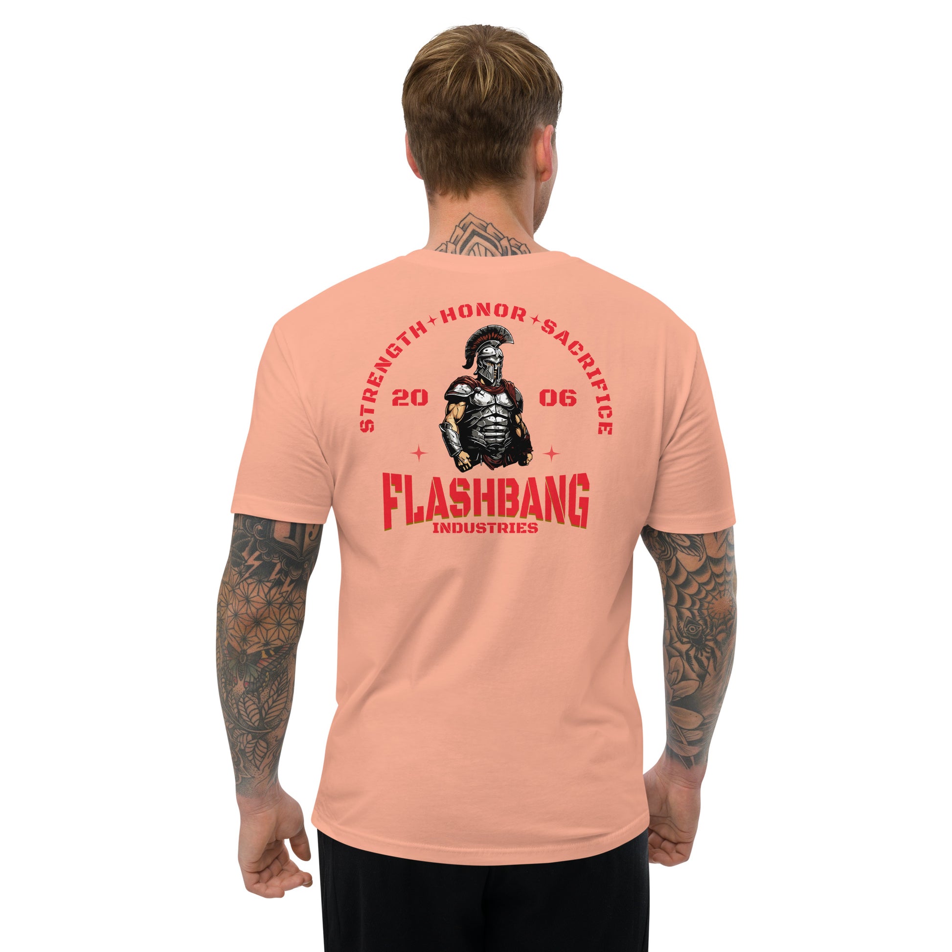 Strength Honor Sacrifice Lite T-shirt featuring warrior, spartan, and gladiator design for men who value strength, honor, and sacrifice - Back View - Desert Pink - Model Guy