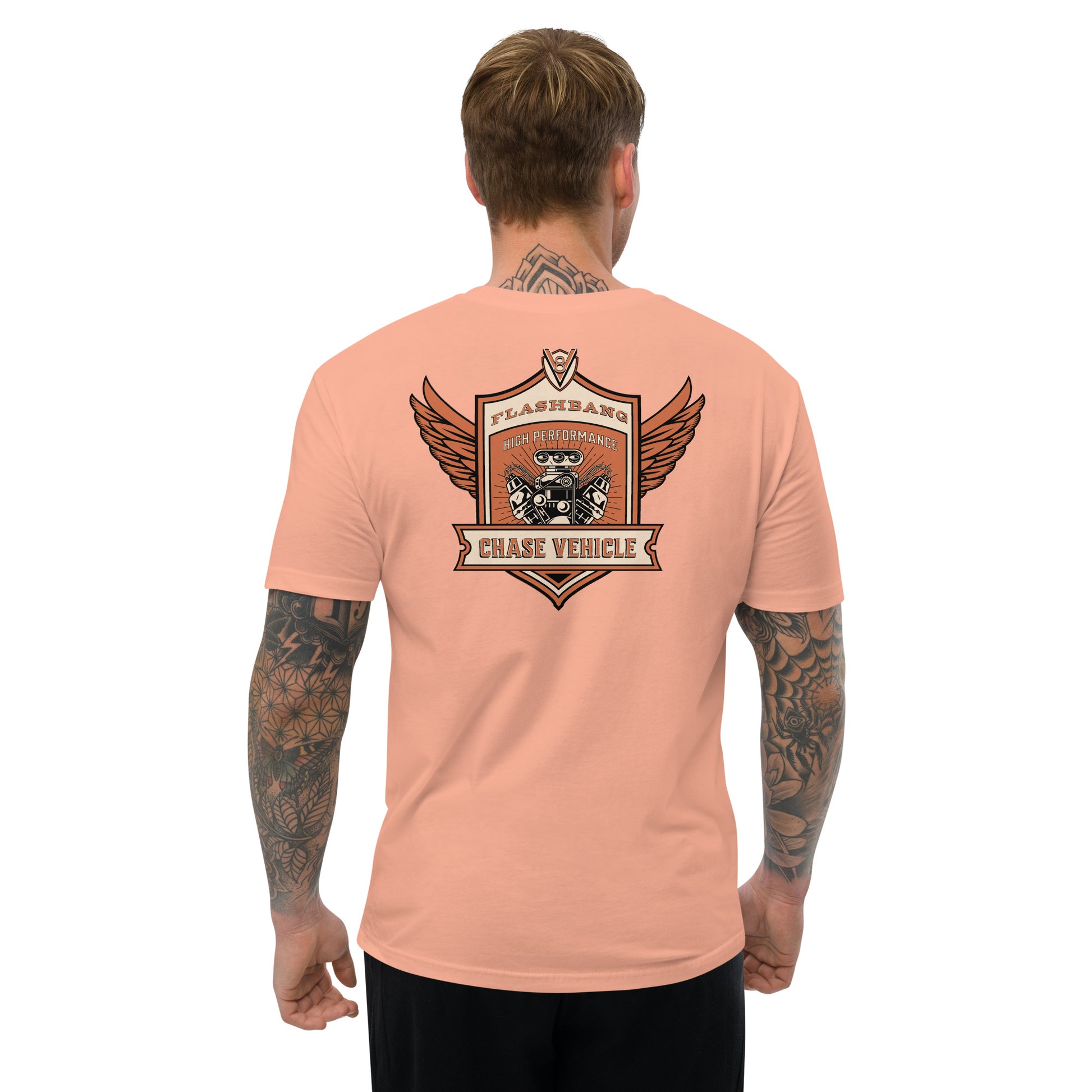 Chase Vehicle Lite T-shirt, police-inspired design symbolizing duty and pride - Back View - Desert Pink - Model Guy