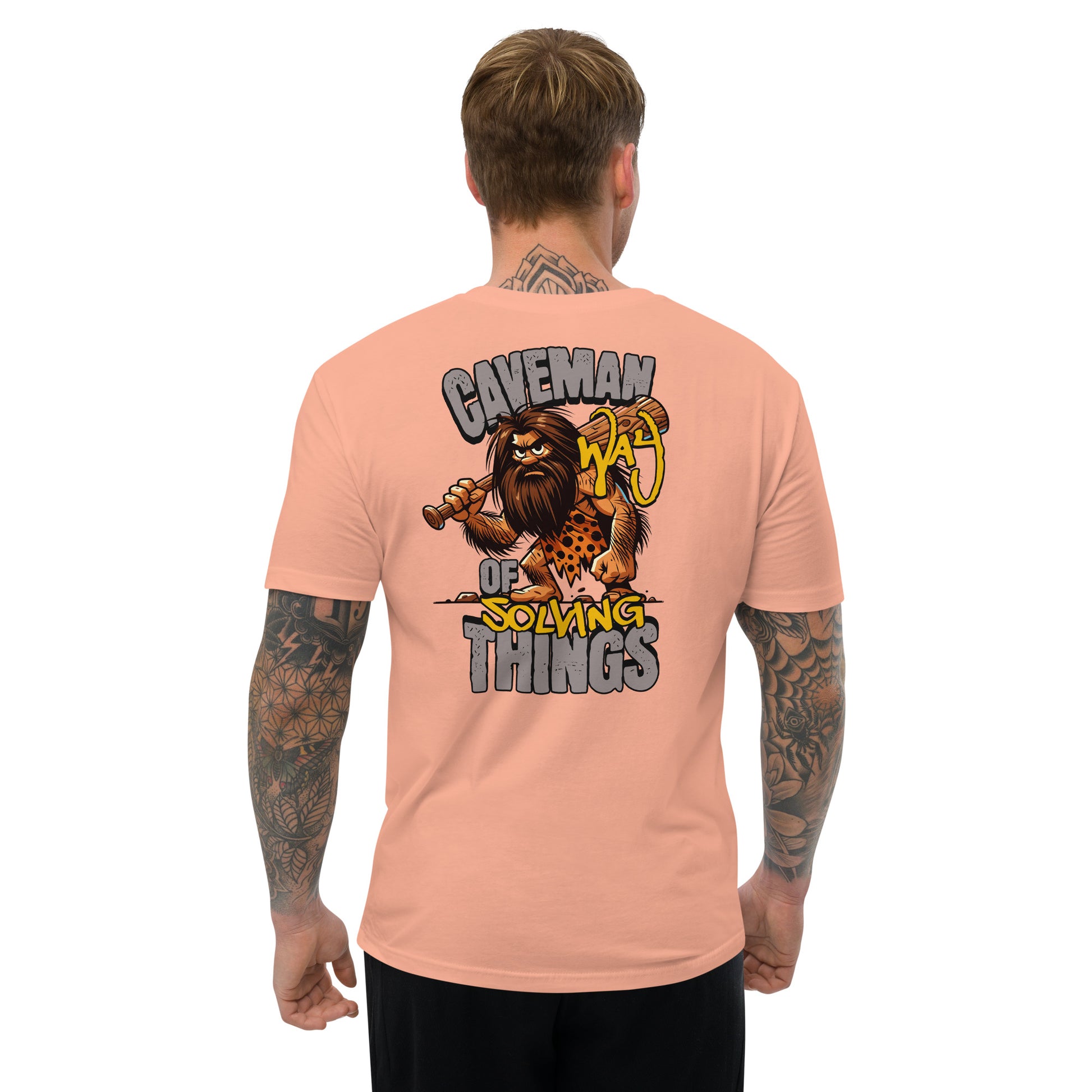 Caveman Way Lite T-shirt with Cave Man Way of Solving Things text - Back View - Desert Pink- Model Guy