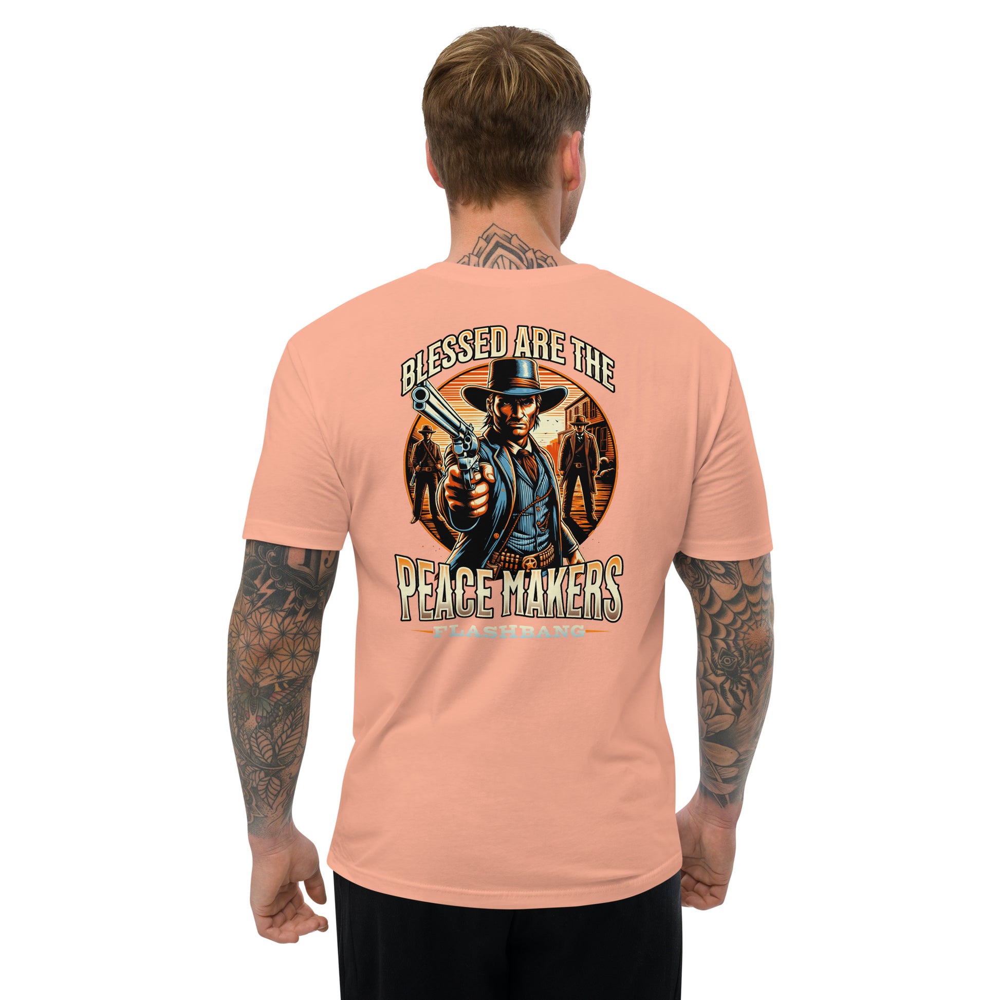 Blessed are the Peacemakers Lite T-shirt with Western design, honoring those who serve and protect with strength and pride - Back View - Desert Pink - Model Guy