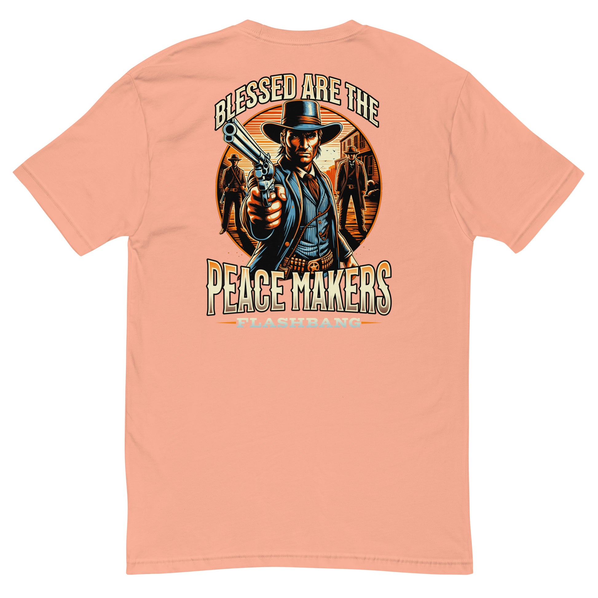 Blessed are the Peacemakers Lite T-shirt with Western design, honoring those who serve and protect with strength and pride - Back View - Desert Pink