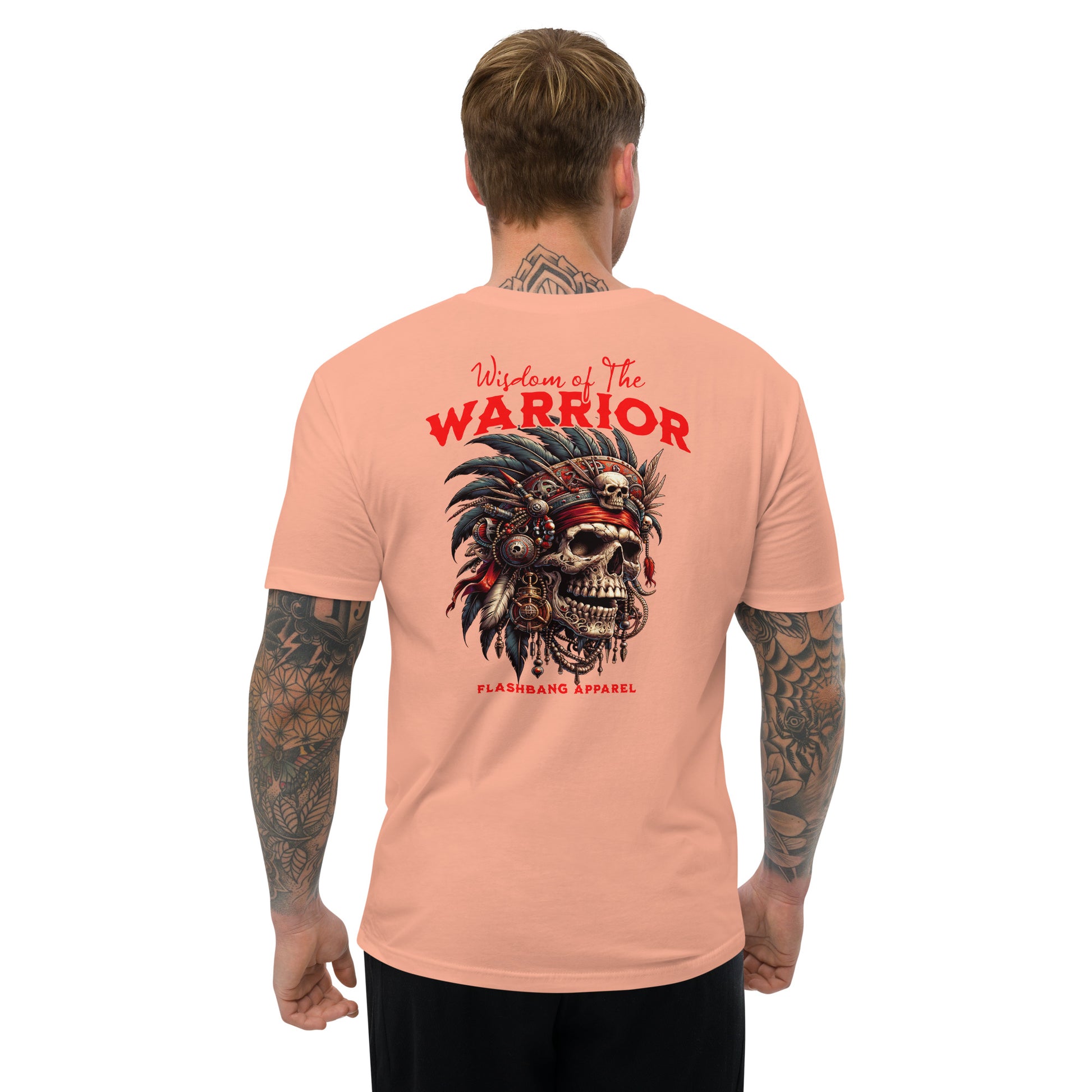 Graphic t-shirt featuring a tribal warrior skull with feathers, gothic design - Back View - Desert Pink - Model Guy