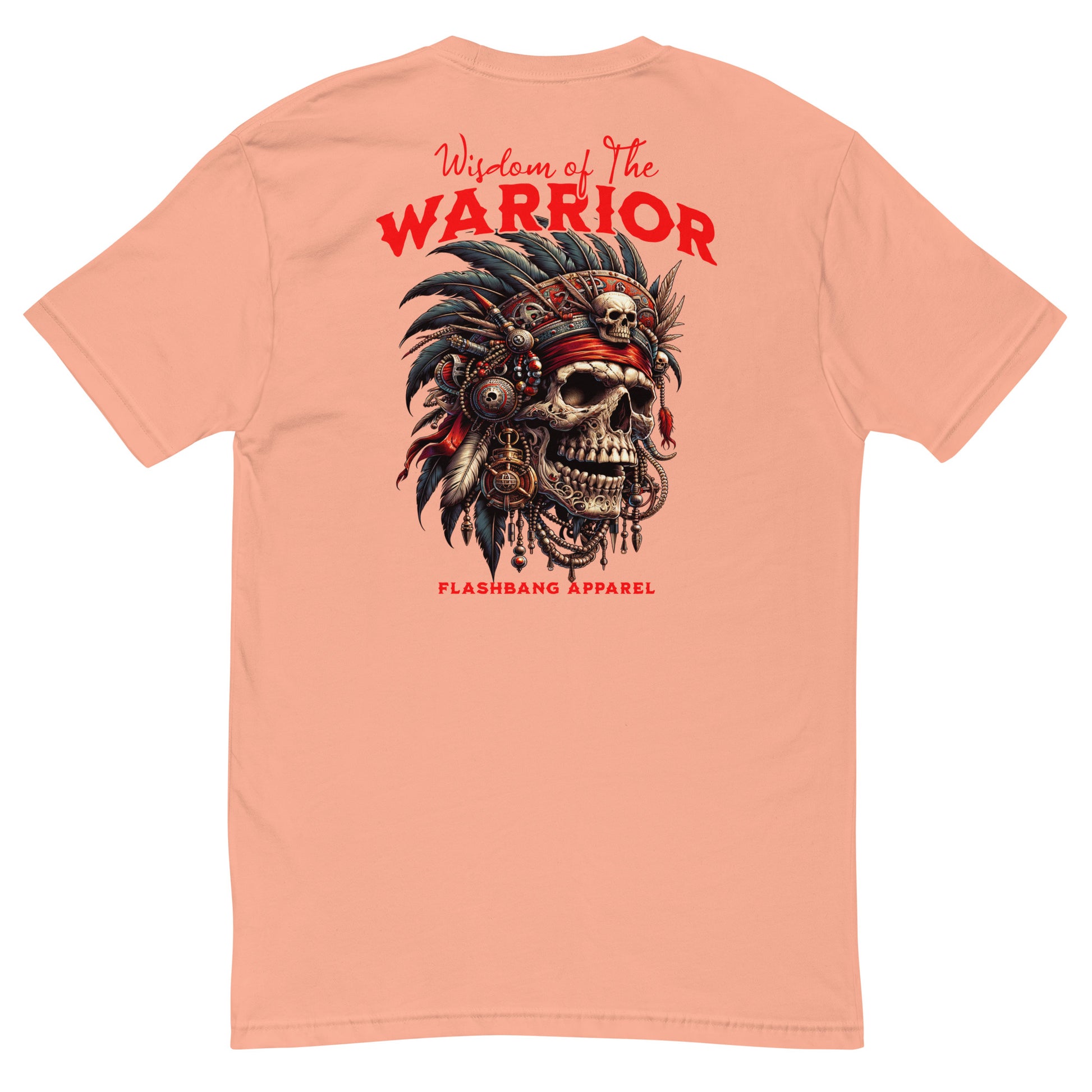 Graphic t-shirt featuring a tribal warrior skull with feathers, gothic design - Back View - Desert Pink