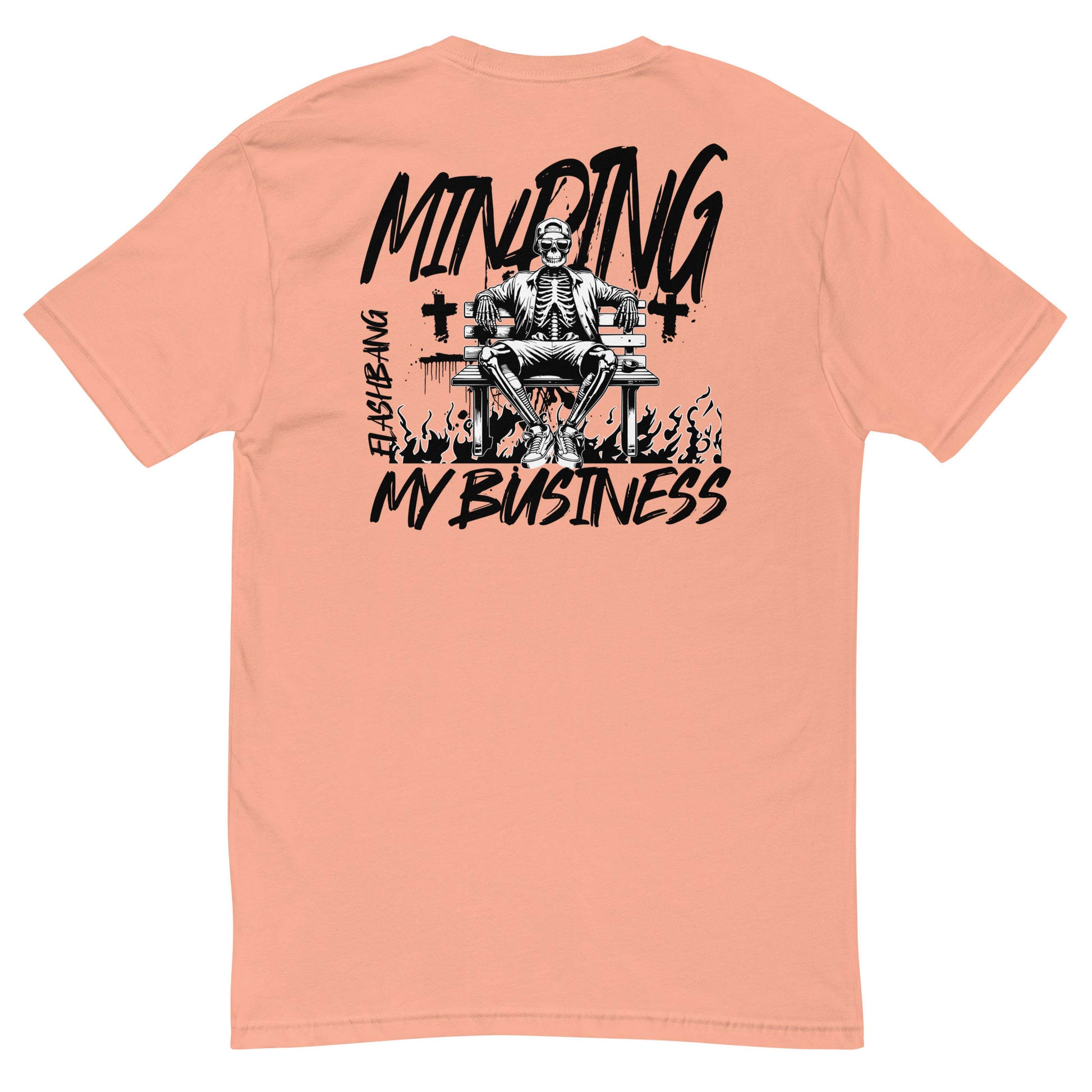 Minding My Business Lite T-shirt with a skeleton graphic and humorous quote -  Back View - Desert Pink